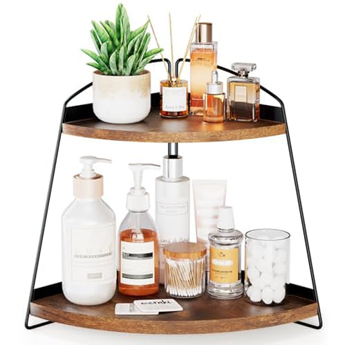 Puricon Bathroom Counter Organizer, 2 Tier Corner Countertop Storage Shelf Bathroom Sink Organizer, Wood Triangle Bathroom Organization for Skincare Kitchen Vanitity -White