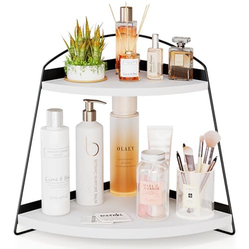 Puricon Bathroom Counter Organizer, 2 Tier Corner Countertop Storage Shelf Bathroom Sink Organizer, Wood Triangle Bathroom Organization for Skincare Kitchen Vanitity -White