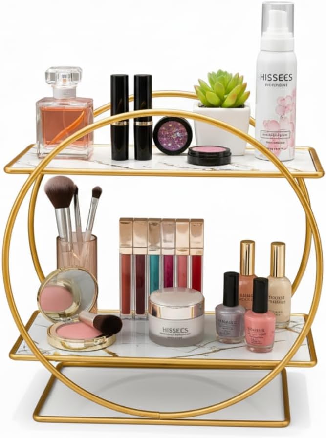MLVOC Gold Makeup Organizer Countertop, Skincare Organizer with Gold Finish, Durable Metal Storage for Bathroom or Bedroom Vanity, Tall Spacious Design for Large Bottles
