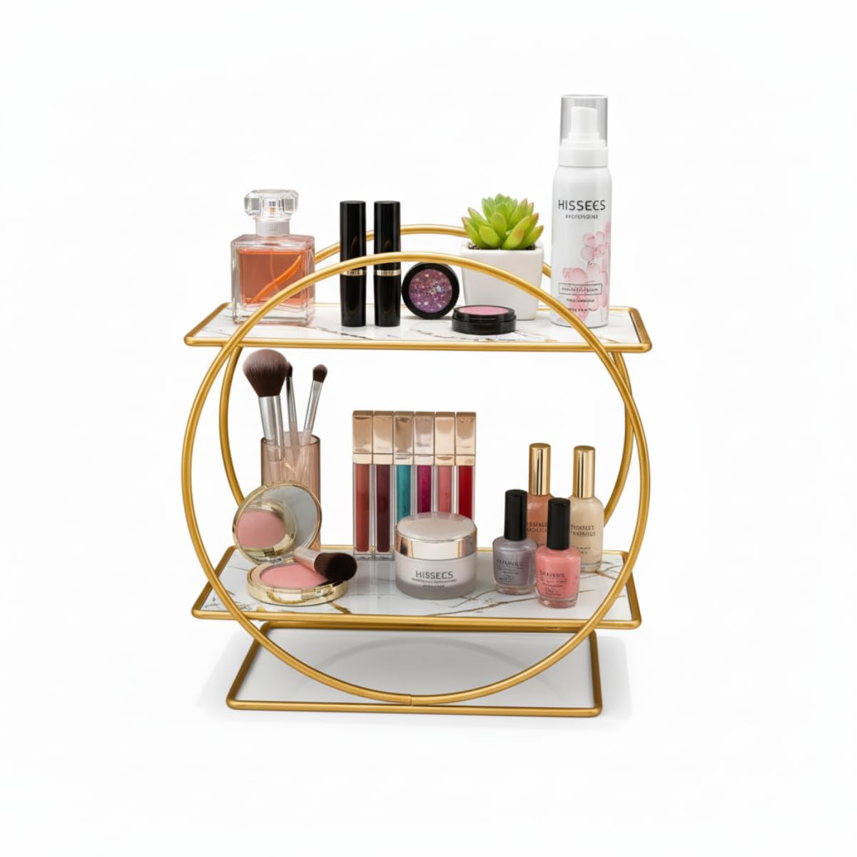 MLVOC Gold Makeup Organizer Countertop, Skincare Organizer with Gold Finish, Durable Metal Storage for Bathroom or Bedroom Vanity, Tall Spacious Design for Large Bottles
