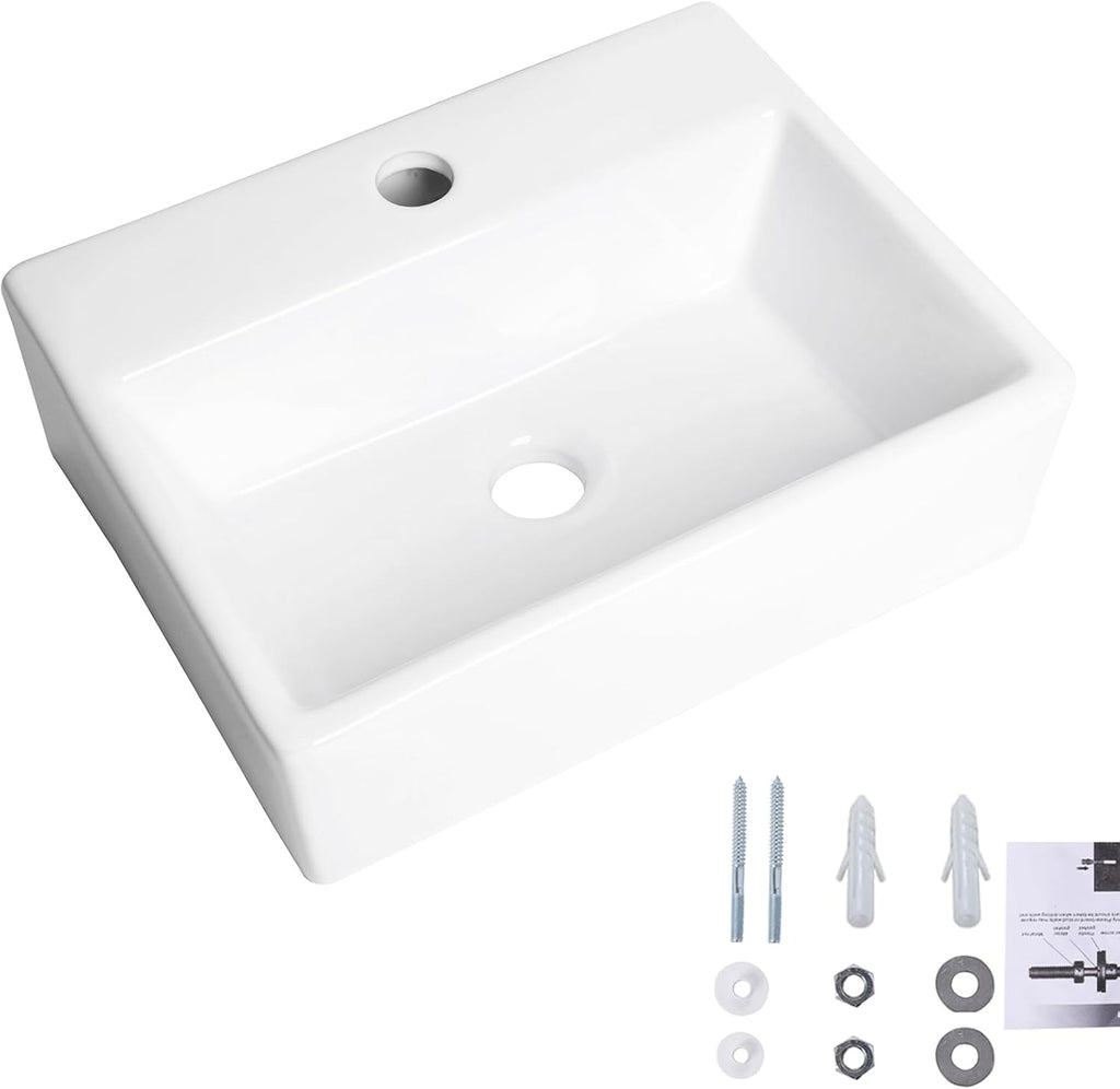 Wall Mounted Bathroom Vessel Sink, QISHKA 15" X 12" Rectangular Floating Ceramic Wash Hand Basin White Wall Hung Vanity Sink for Bathroom and Cloakroom