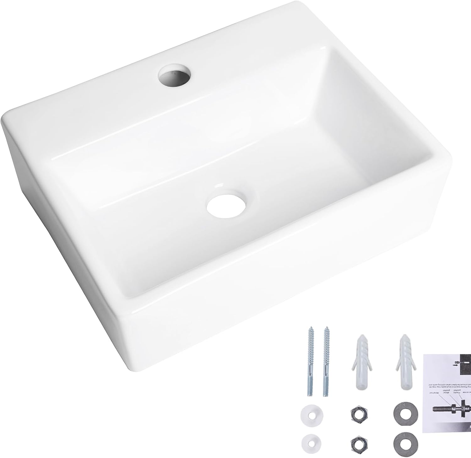 Wall Mounted Bathroom Vessel Sink, QISHKA 15" X 12" Rectangular Floating Ceramic Wash Hand Basin White Wall Hung Vanity Sink for Bathroom and Cloakroom