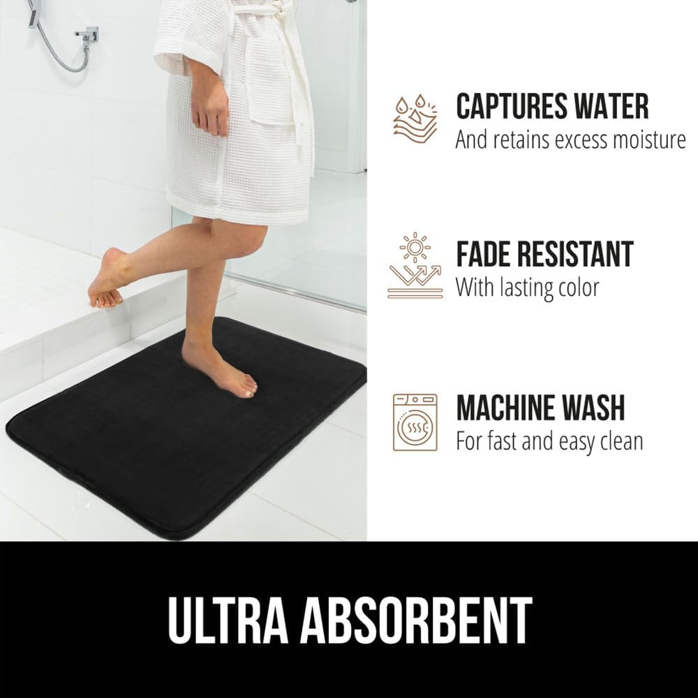 GORILLA GRIP® Memory Foam Bath Mat, Soft Absorbent Velvet Bathroom Mats, Durable Dots on Underside, Machine Washable Bathmat, Carpet Rug Room Decor for Shower Tub Floor RV, 24x17 Rugs, Black