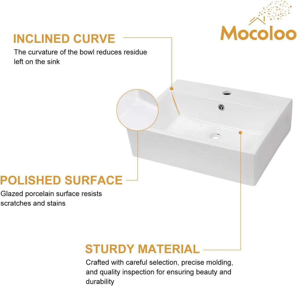 Mocoloo 21"x16" Wall Mounted Bathroom Sink White Rectangle Porcelain ADA Compliant Ceramic Bathroom Sinks Floating Vanity Sink for Lavatory Room Basin