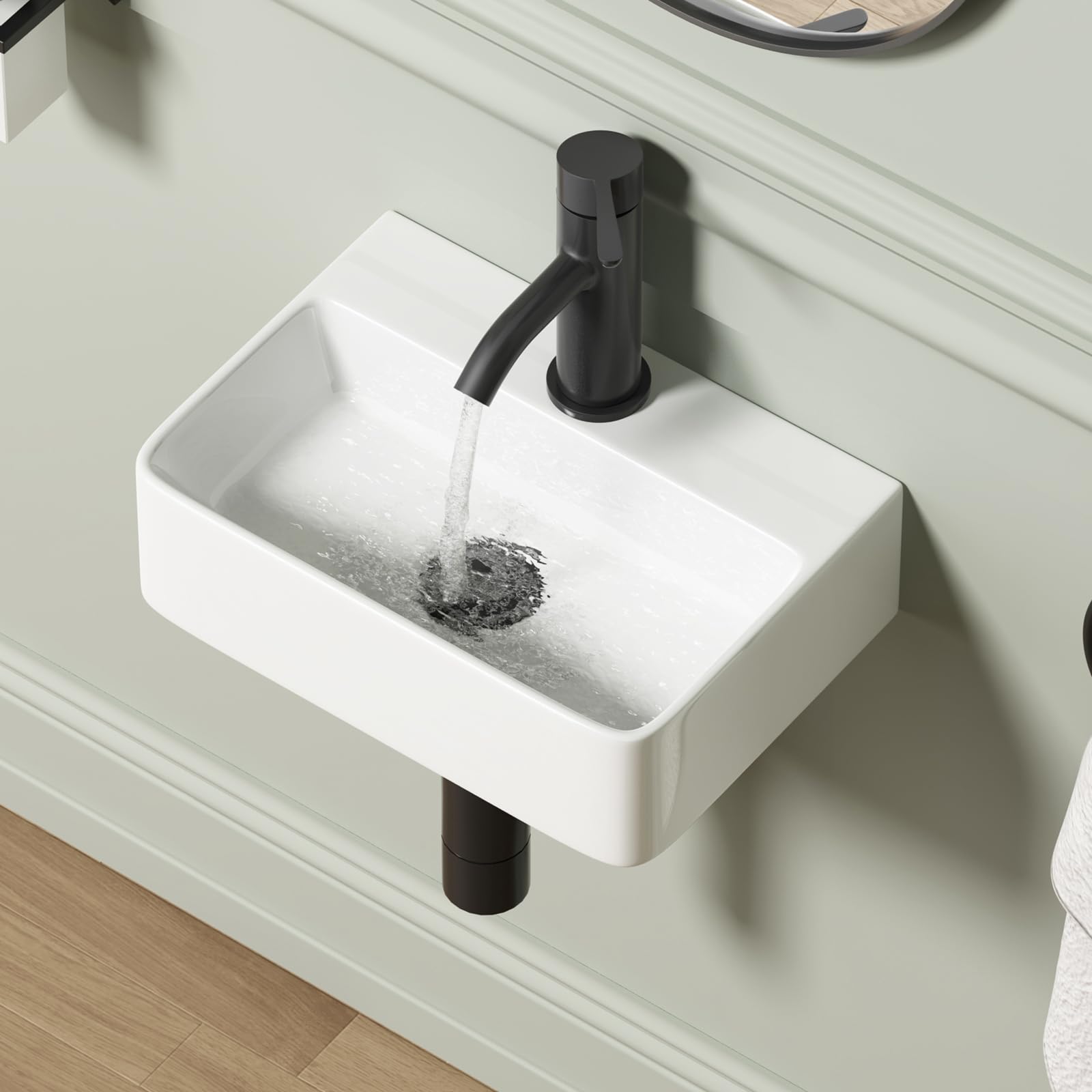 Wall Mounted Bathroom Vessel Sink, QISHKA 15" X 12" Rectangular Floating Ceramic Wash Hand Basin White Wall Hung Vanity Sink for Bathroom and Cloakroom