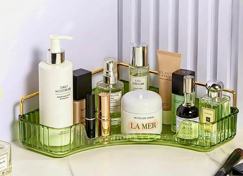 3-Tier Amber Corner Bathroom Countertop Organizer – Luxury Vanity Shelf for Makeup, Perfume, Lotion, Skincare & Cosmetics, Large Capacity Storage Rack for Dresser, Kitchen & Bathroom (Olive)