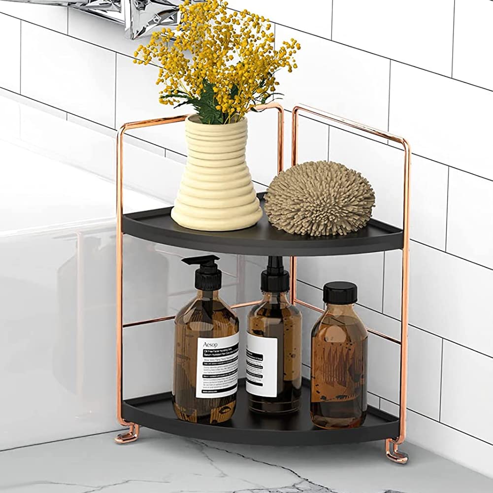 Kitchen Spice Rack Standing Shelf, 2-Tier Corner Storage Shelf, Bathroom Countertop Organizer, Vanity Tray Cosmetic & Makeup Storage, Silver&Black