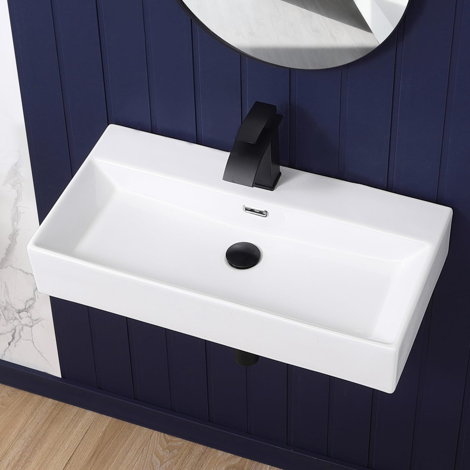 Wall Mount Bathroom Vessel Sink 17"x11" Rectangular Floating White Porcelain Ceramic Wall Hung Vanity Basin Sink for Home,RV,Bathroom