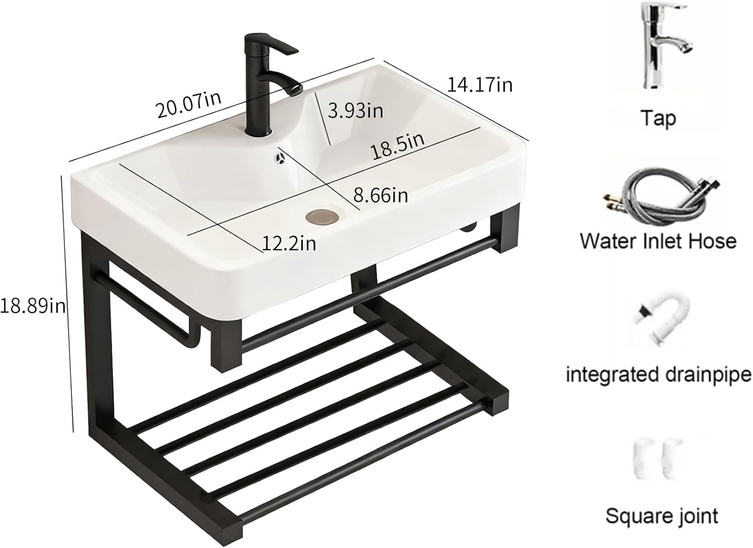 20-inch black floating wall-mounted bathroom sink with ceramic basin and open shelf, compact design specifically designed for small spaces