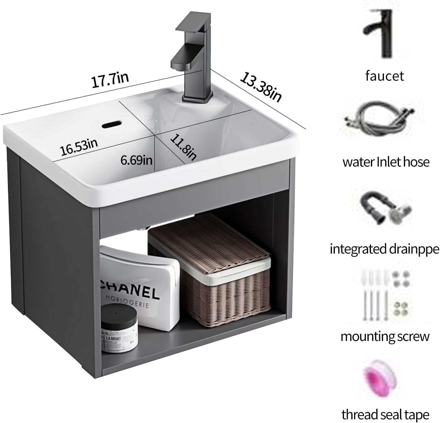 Wall-Mounted Floating Gray 18-inch Open Bathroom Vanity with Ceramic Basin Compact mini Sink Unit