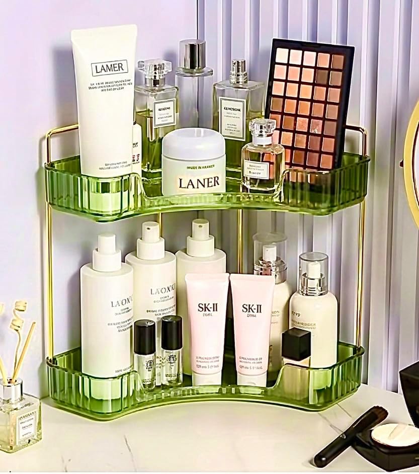 3-Tier Amber Corner Bathroom Countertop Organizer – Luxury Vanity Shelf for Makeup, Perfume, Lotion, Skincare & Cosmetics, Large Capacity Storage Rack for Dresser, Kitchen & Bathroom (Olive)