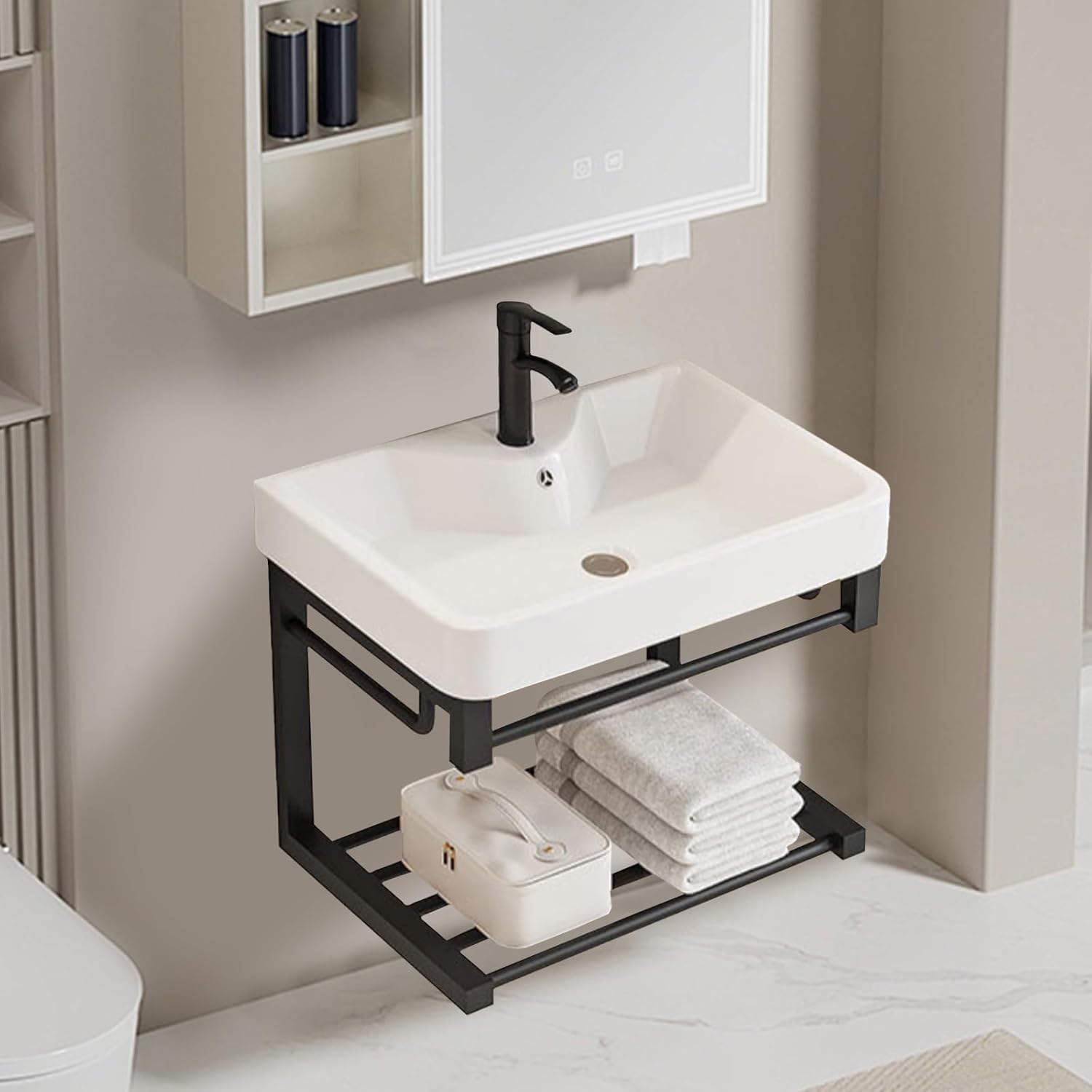 20-inch black floating wall-mounted bathroom sink with ceramic basin and open shelf, compact design specifically designed for small spaces