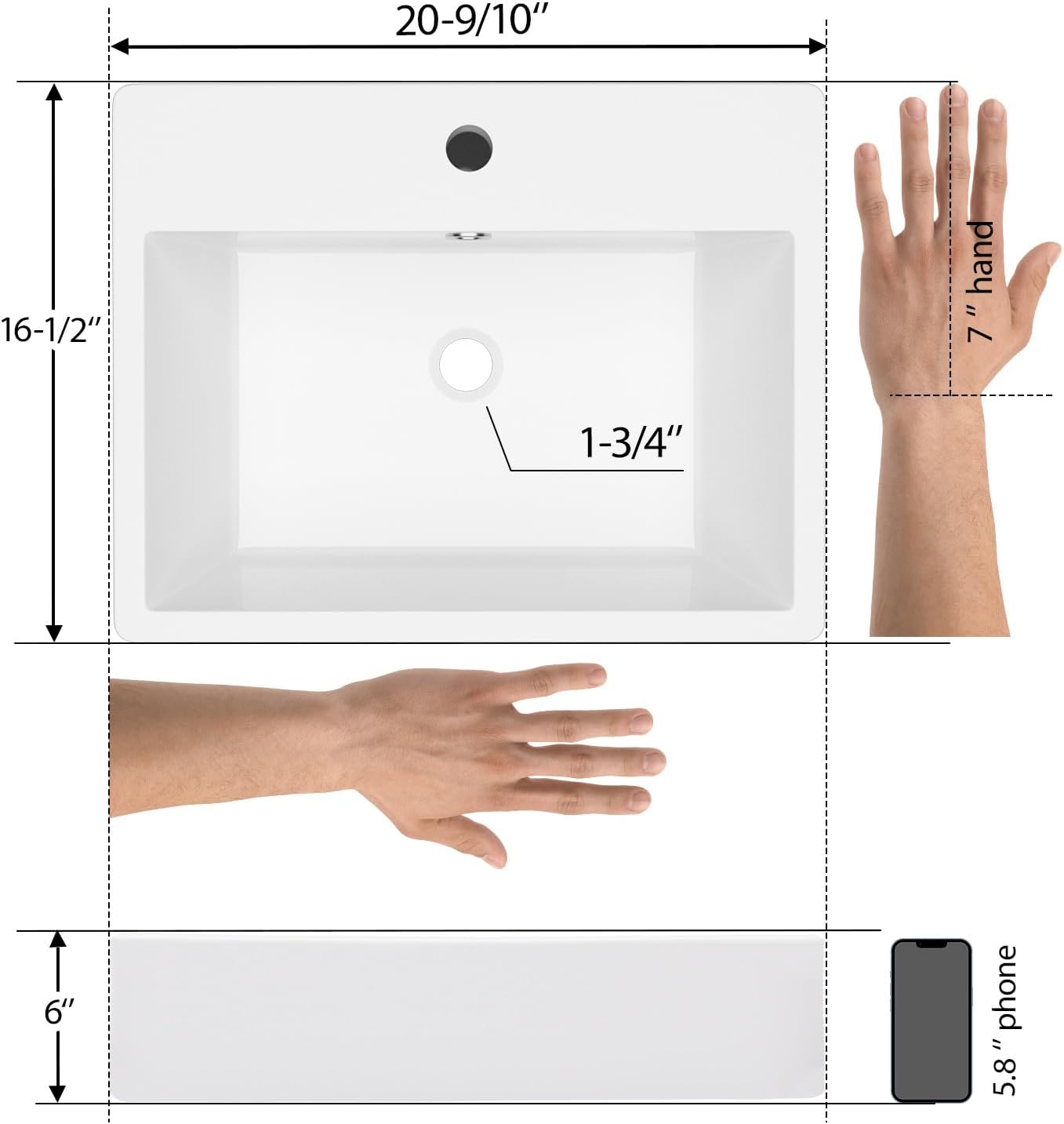 Mocoloo 21"x16" Wall Mounted Bathroom Sink White Rectangle Porcelain ADA Compliant Ceramic Bathroom Sinks Floating Vanity Sink for Lavatory Room Basin