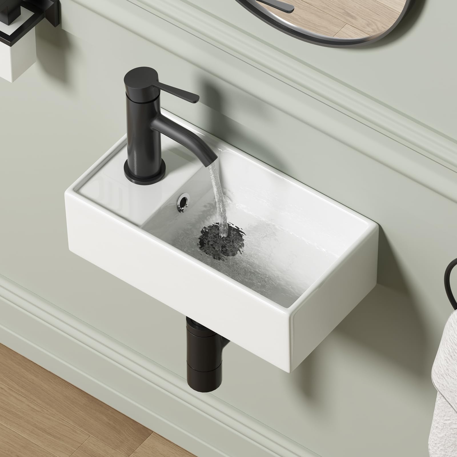Wall Mounted Bathroom Vessel Sink, QISHKA 15" X 12" Rectangular Floating Ceramic Wash Hand Basin White Wall Hung Vanity Sink for Bathroom and Cloakroom
