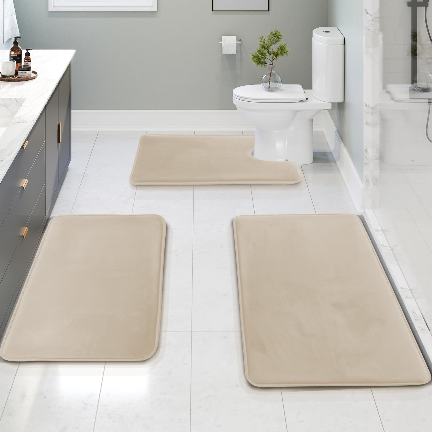 Clara Clark 3 Piece Bathroom Rugs Bath Mat Set, Velvet Memory Foam Bath Mats for Bathroom - Non-Slip, PVC Backing Bath Rugs, Washable - Dries Quickly, Black