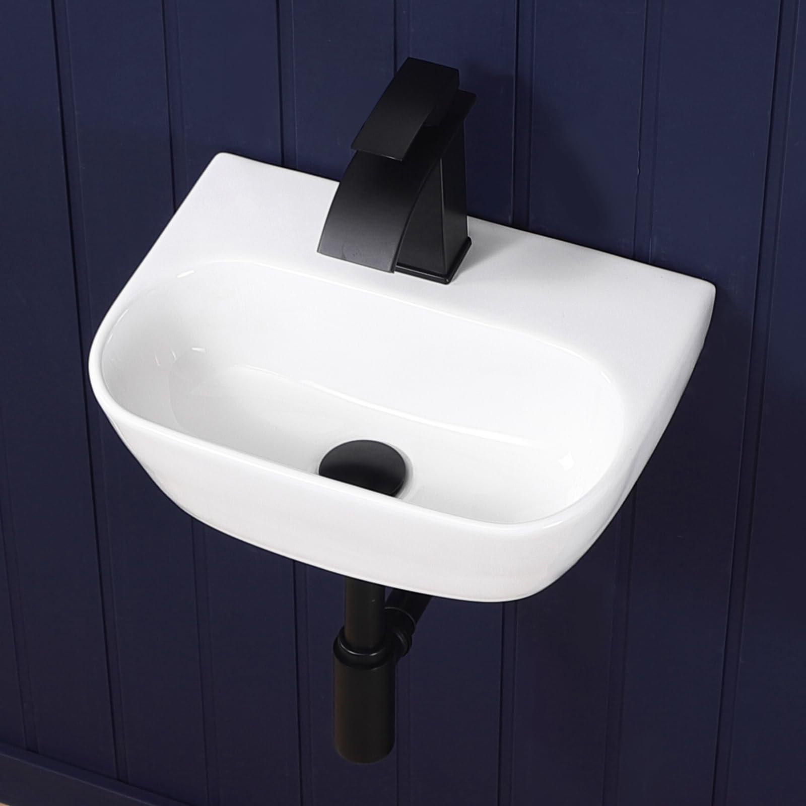 Wall Mount Bathroom Vessel Sink 17"x11" Rectangular Floating White Porcelain Ceramic Wall Hung Vanity Basin Sink for Home,RV,Bathroom