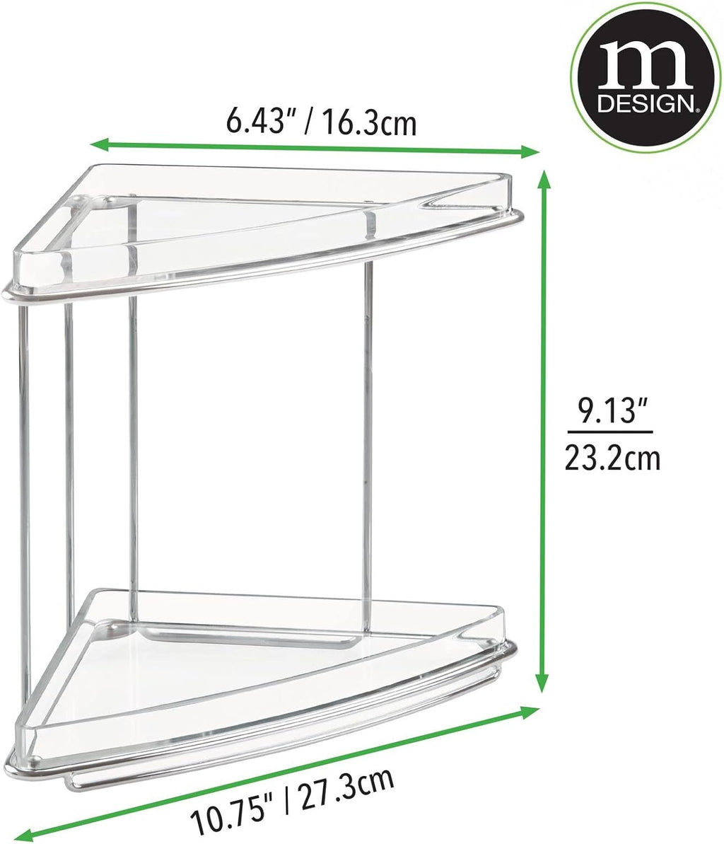 mDesign Steel/Plastic Freestanding Countertop Corner Shelf Organizer with 2-Tier Storage for Bathroom, Vanity, Cabinet, Counter - Holds Makeup, Bath Gel - Prism Collection - Clear