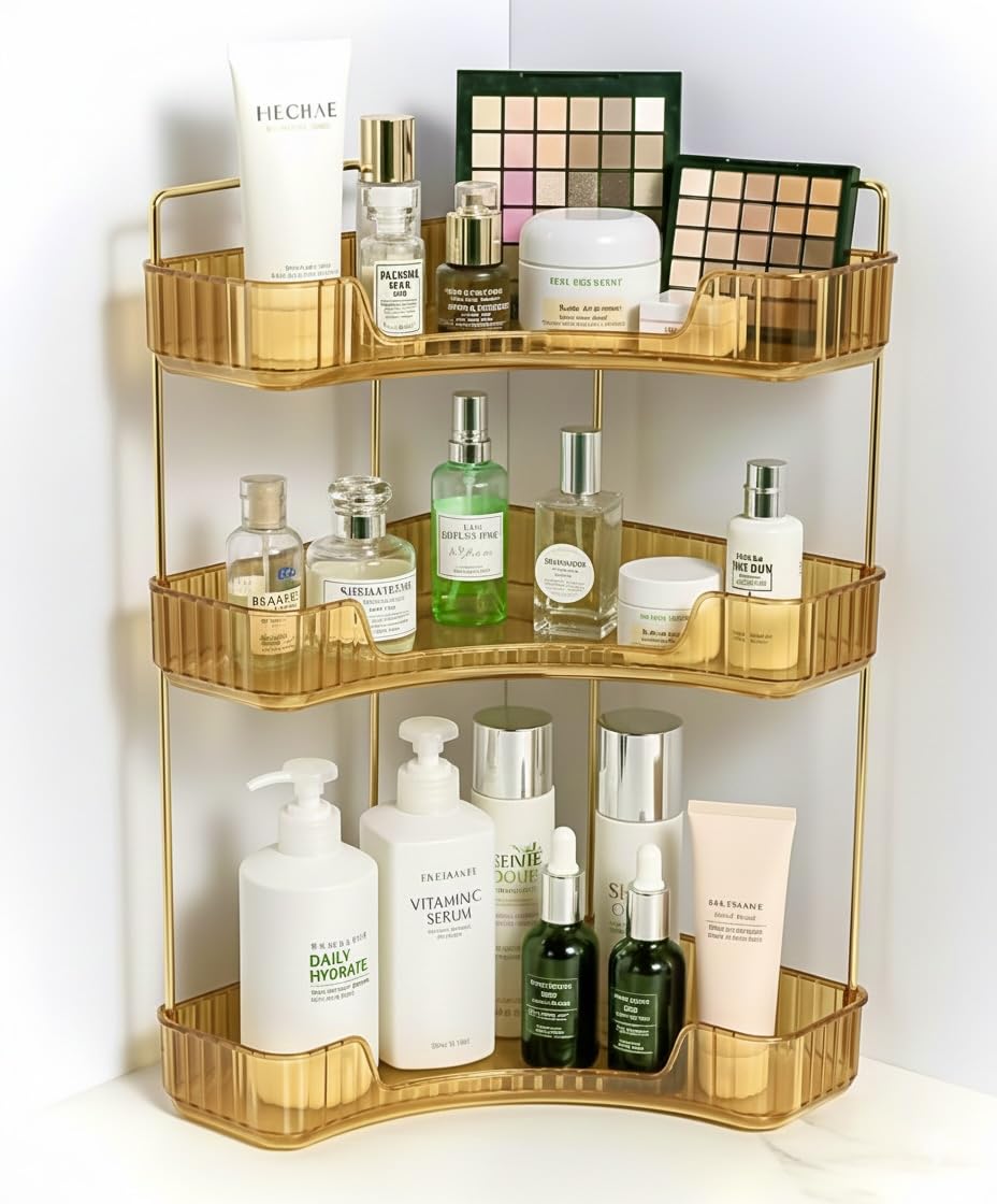 3-Tier Amber Corner Bathroom Countertop Organizer – Luxury Vanity Shelf for Makeup, Perfume, Lotion, Skincare & Cosmetics, Large Capacity Storage Rack for Dresser, Kitchen & Bathroom (Olive)