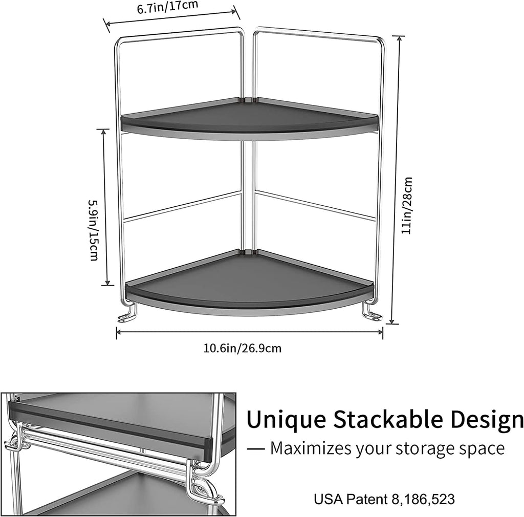 Kitchen Spice Rack Standing Shelf, 2-Tier Corner Storage Shelf, Bathroom Countertop Organizer, Vanity Tray Cosmetic & Makeup Storage, Silver&Black