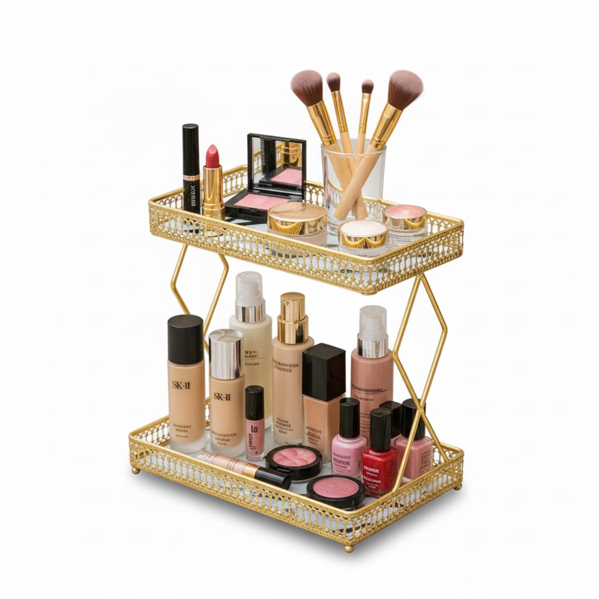 MLVOC Gold Makeup Organizer Countertop, Skincare Organizer with Gold Finish, Durable Metal Storage for Bathroom or Bedroom Vanity, Tall Spacious Design for Large Bottles
