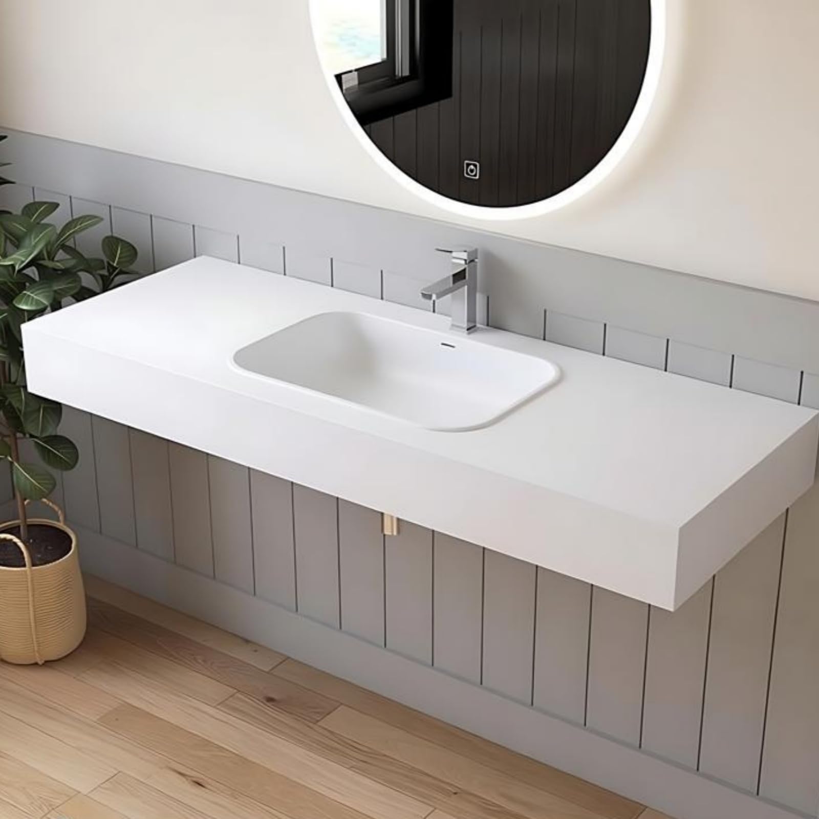 35'' Wall Mount Sink Matte Bathroom Vanity Vessel Sinks Artificial Stone Rectanglee Indoor Outdoors Modern Floating or Countertop Freestanding Wall Hang Sink Bowl (single Holes 35'')