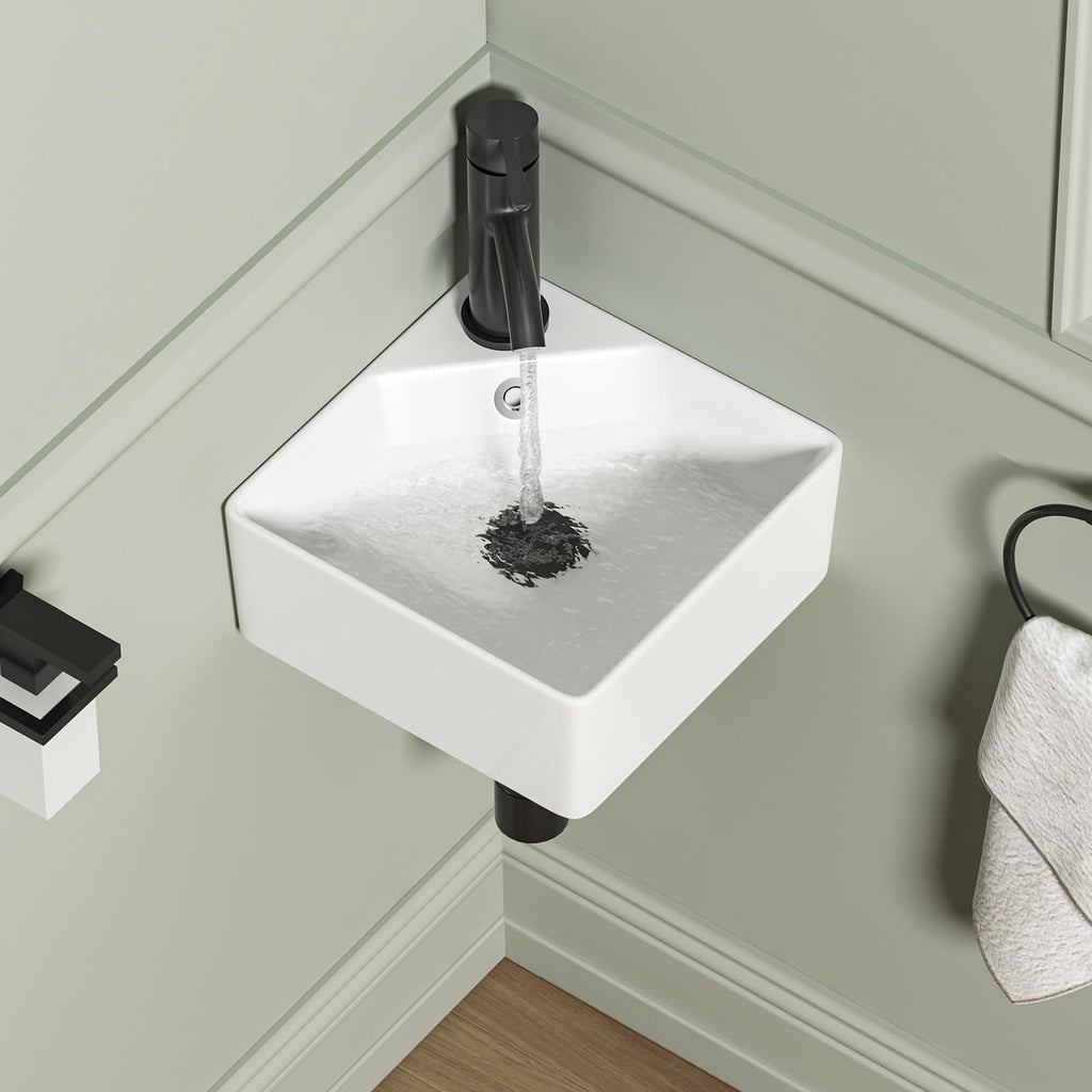 Wall Mounted Bathroom Vessel Sink, QISHKA 15" X 12" Rectangular Floating Ceramic Wash Hand Basin White Wall Hung Vanity Sink for Bathroom and Cloakroom
