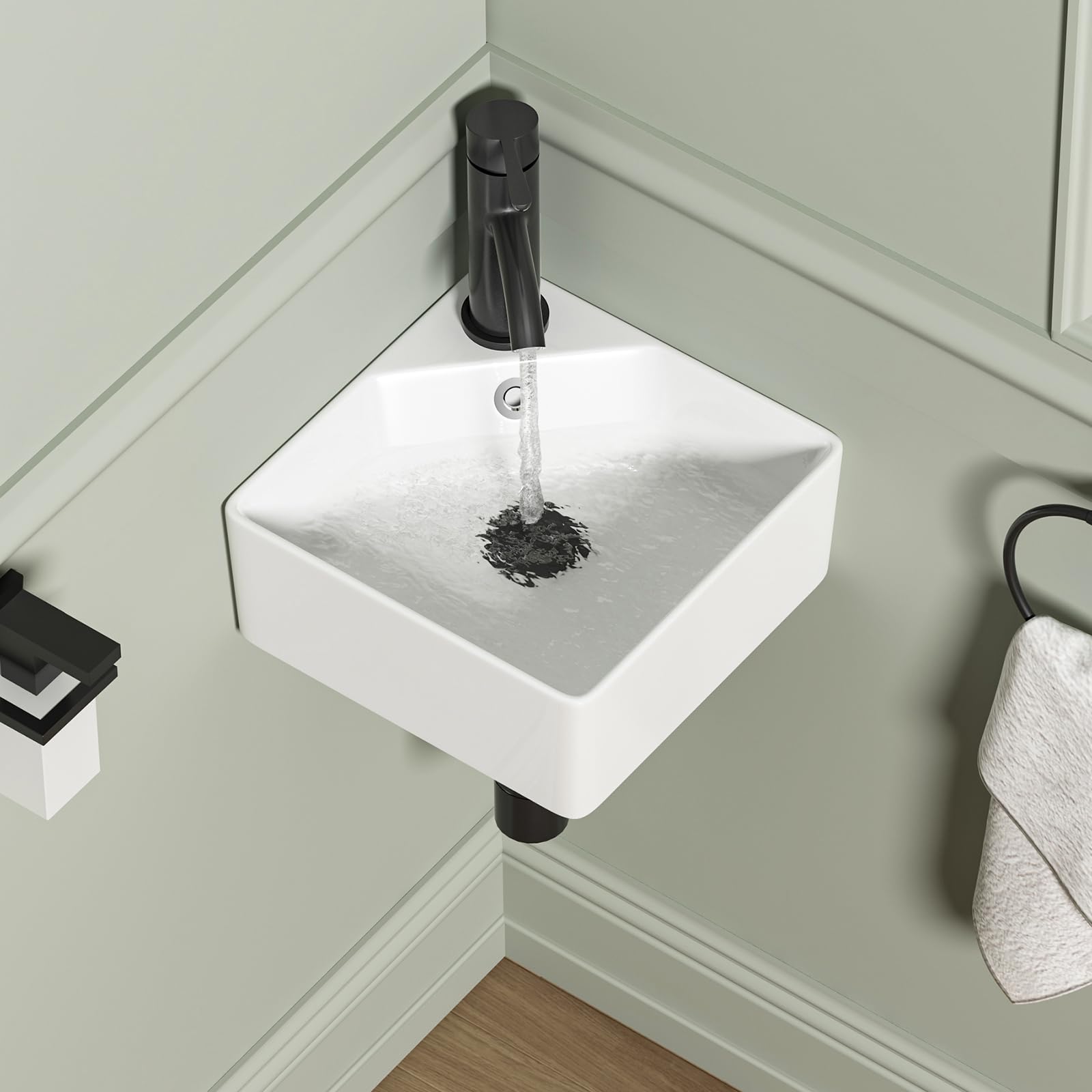 Wall Mounted Bathroom Vessel Sink, QISHKA 15" X 12" Rectangular Floating Ceramic Wash Hand Basin White Wall Hung Vanity Sink for Bathroom and Cloakroom