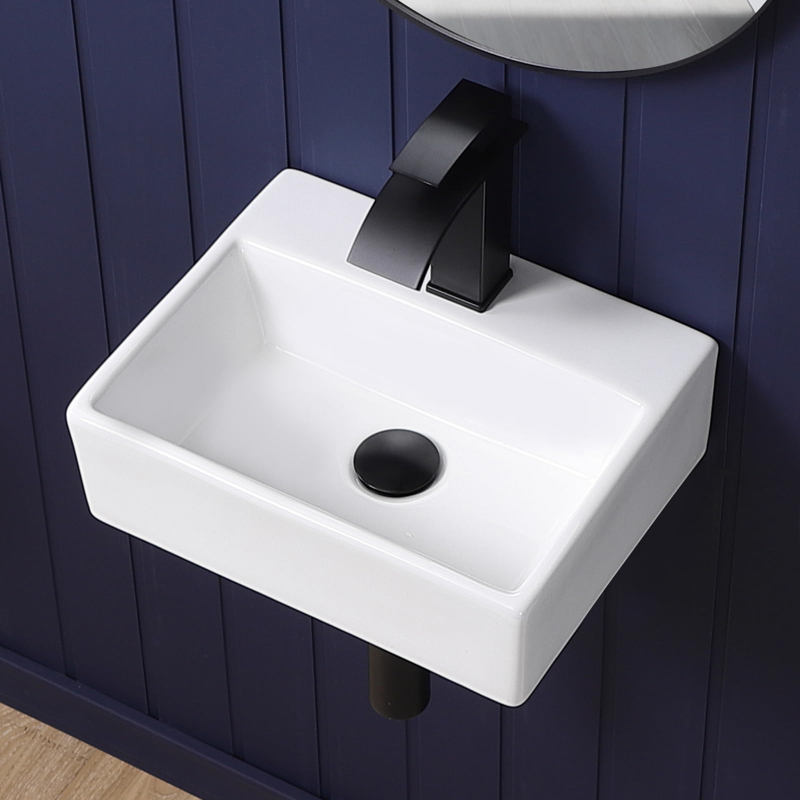 Wall Mount Bathroom Vessel Sink 17"x11" Rectangular Floating White Porcelain Ceramic Wall Hung Vanity Basin Sink for Home,RV,Bathroom