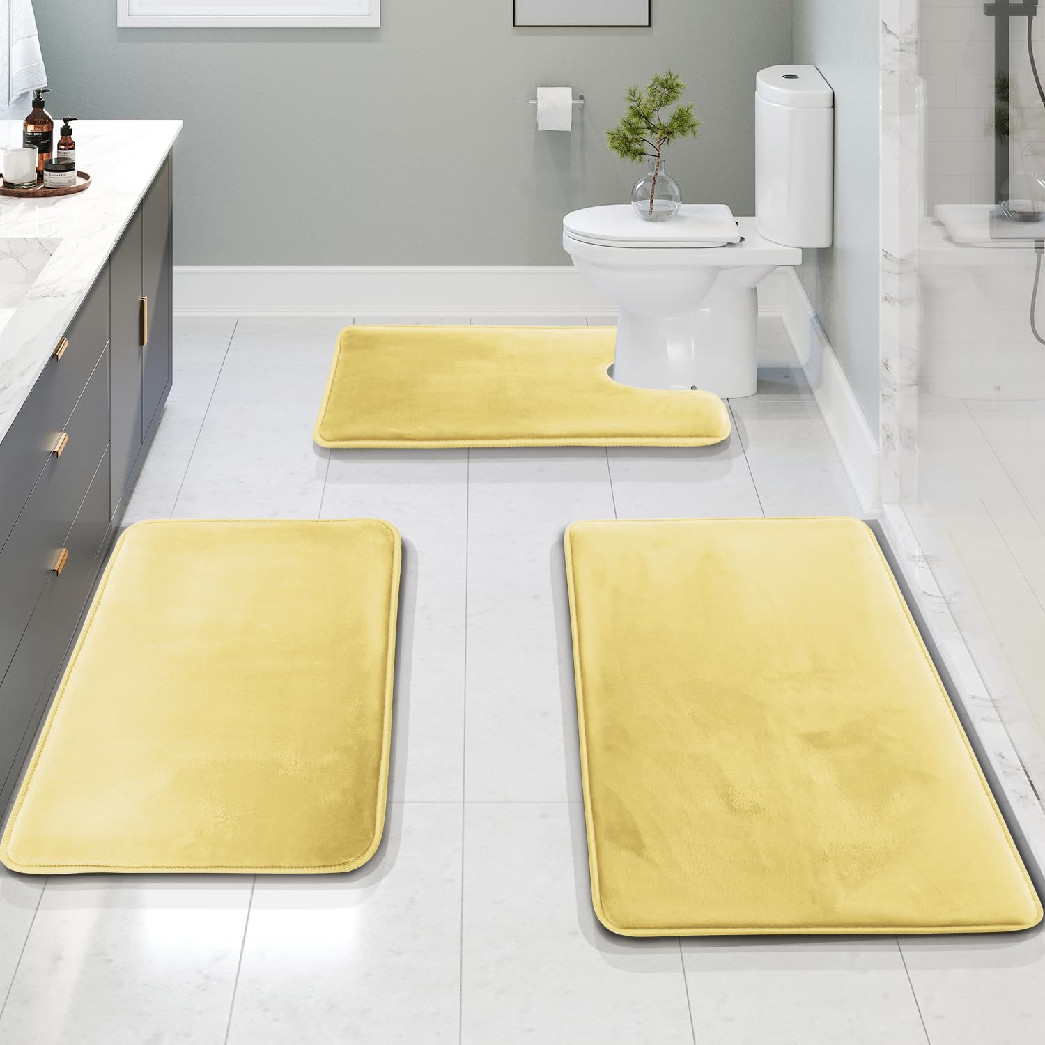 Clara Clark 3 Piece Bathroom Rugs Bath Mat Set, Velvet Memory Foam Bath Mats for Bathroom - Non-Slip, PVC Backing Bath Rugs, Washable - Dries Quickly, Black