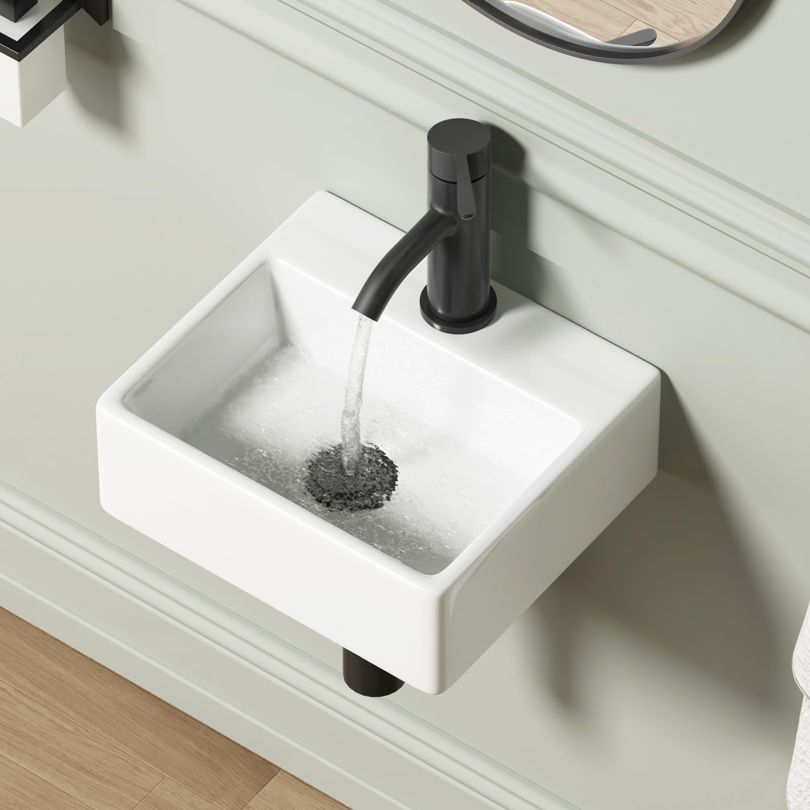 Wall Mounted Bathroom Vessel Sink, QISHKA 15" X 12" Rectangular Floating Ceramic Wash Hand Basin White Wall Hung Vanity Sink for Bathroom and Cloakroom