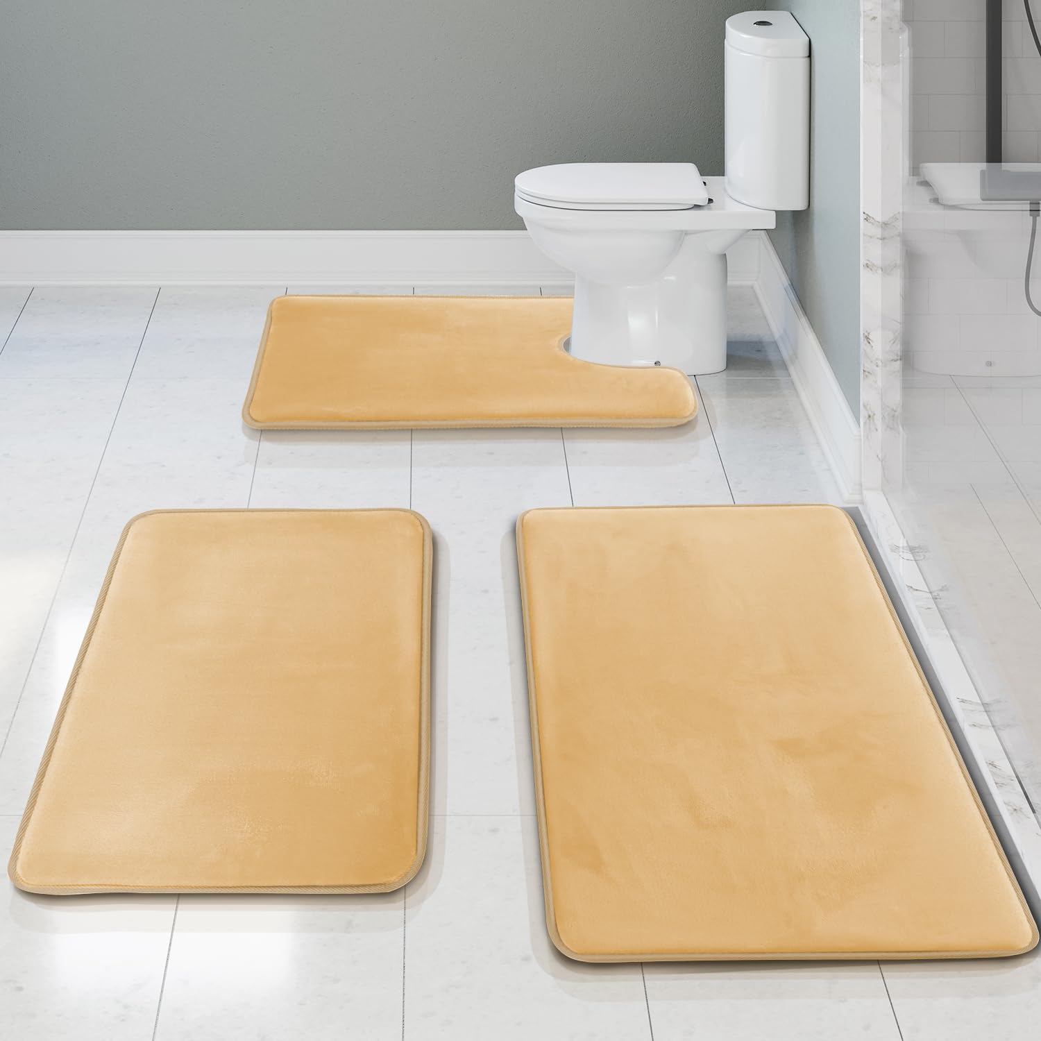 Clara Clark 3 Piece Bathroom Rugs Bath Mat Set, Velvet Memory Foam Bath Mats for Bathroom - Non-Slip, PVC Backing Bath Rugs, Washable - Dries Quickly, Black