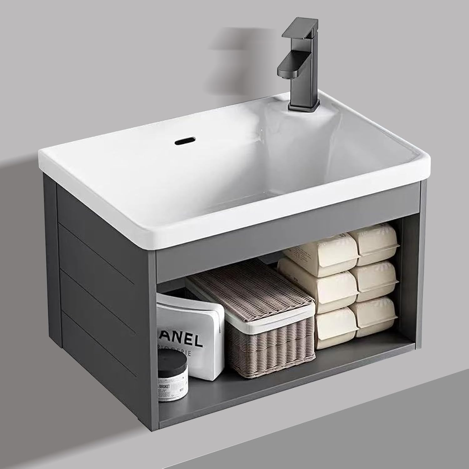 18-inch Wall-Mounted Floating Gray Open Bathroom Vanity with Ceramic Basin Compact Mini Sink Unit