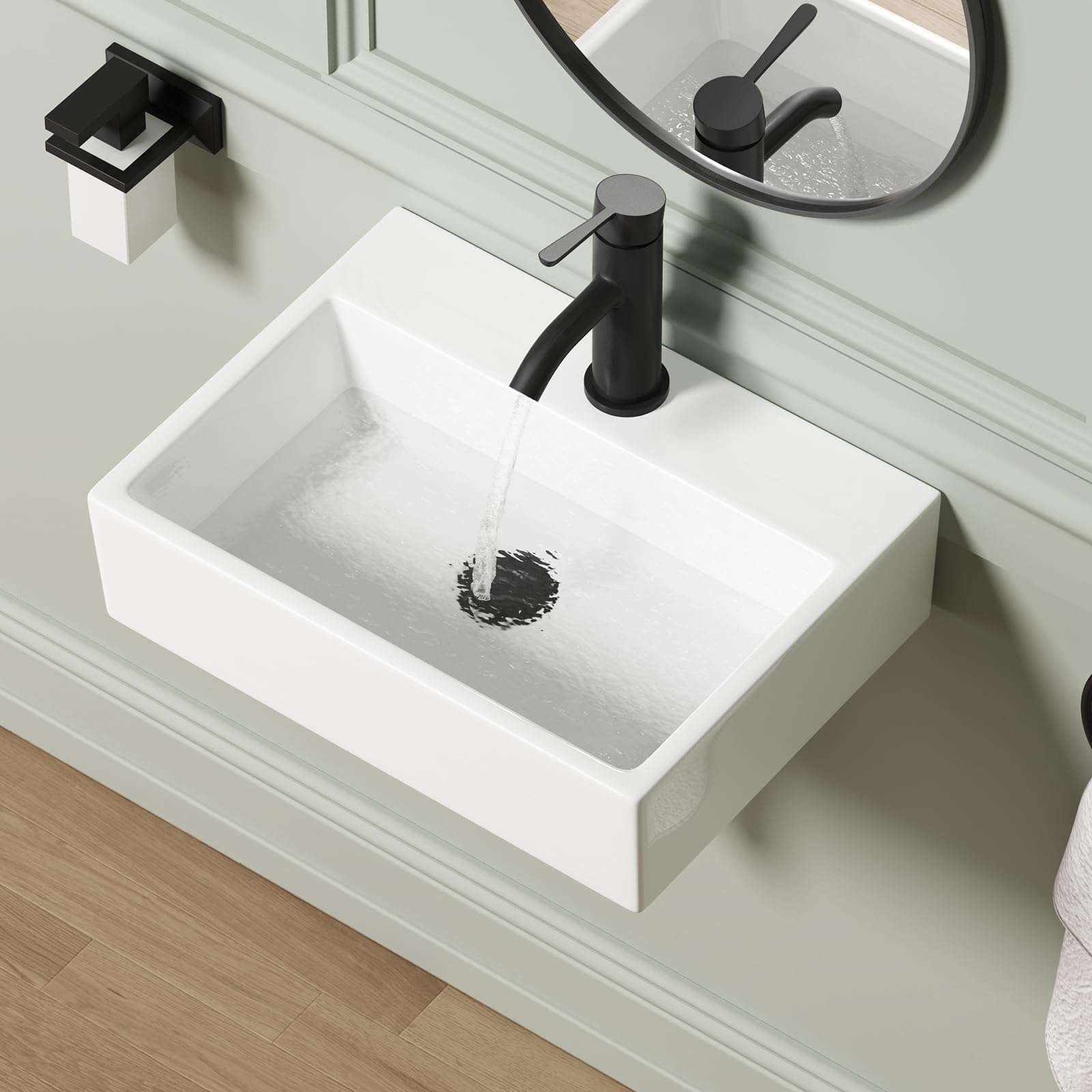 Wall Mounted Bathroom Vessel Sink, QISHKA 15" X 12" Rectangular Floating Ceramic Wash Hand Basin White Wall Hung Vanity Sink for Bathroom and Cloakroom
