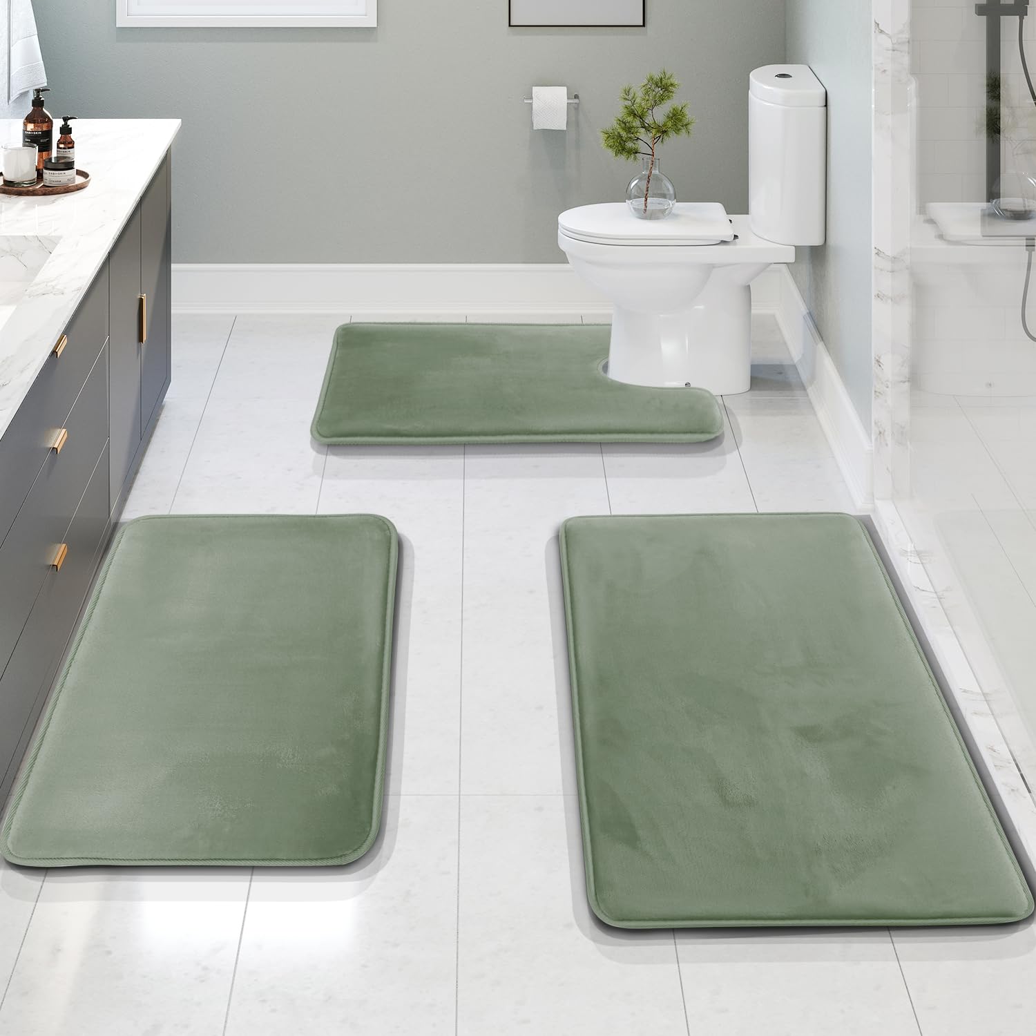 Clara Clark 3 Piece Bathroom Rugs Bath Mat Set, Velvet Memory Foam Bath Mats for Bathroom - Non-Slip, PVC Backing Bath Rugs, Washable - Dries Quickly, Black
