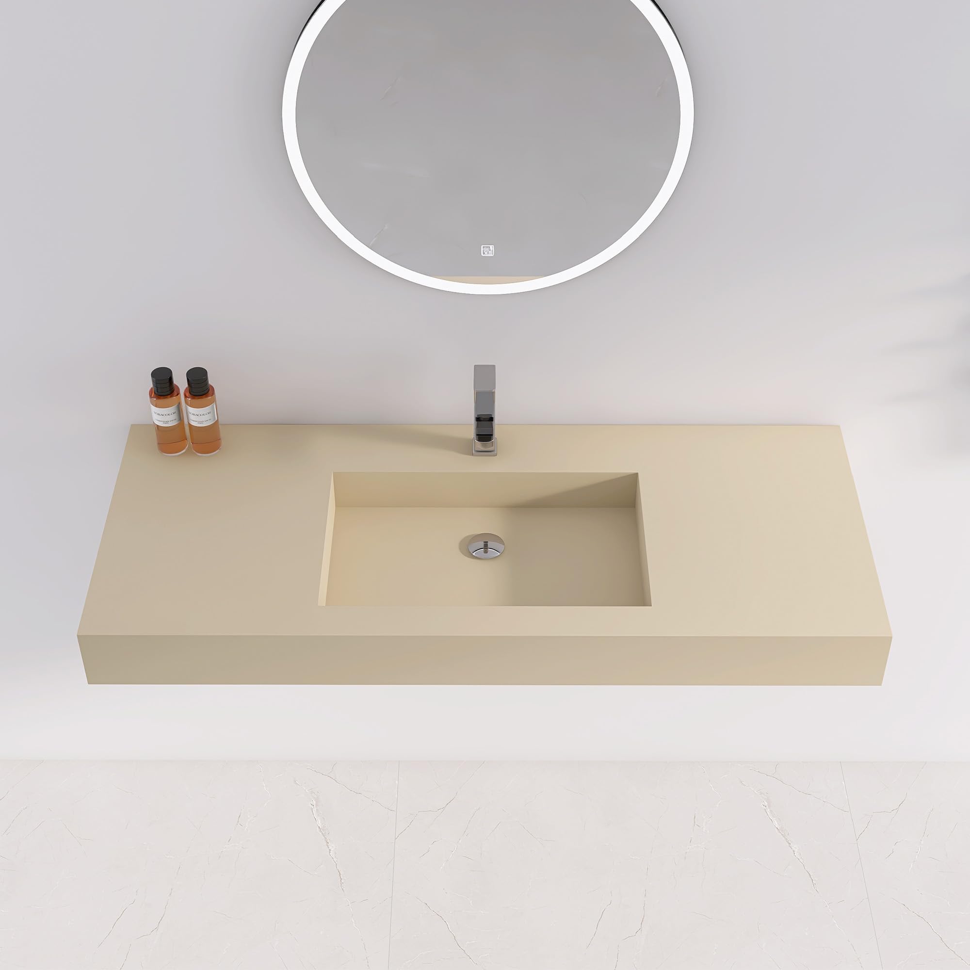35'' Wall Mount Sink Matte Bathroom Vanity Vessel Sinks Artificial Stone Rectanglee Indoor Outdoors Modern Floating or Countertop Freestanding Wall Hang Sink Bowl (single Holes 35'')