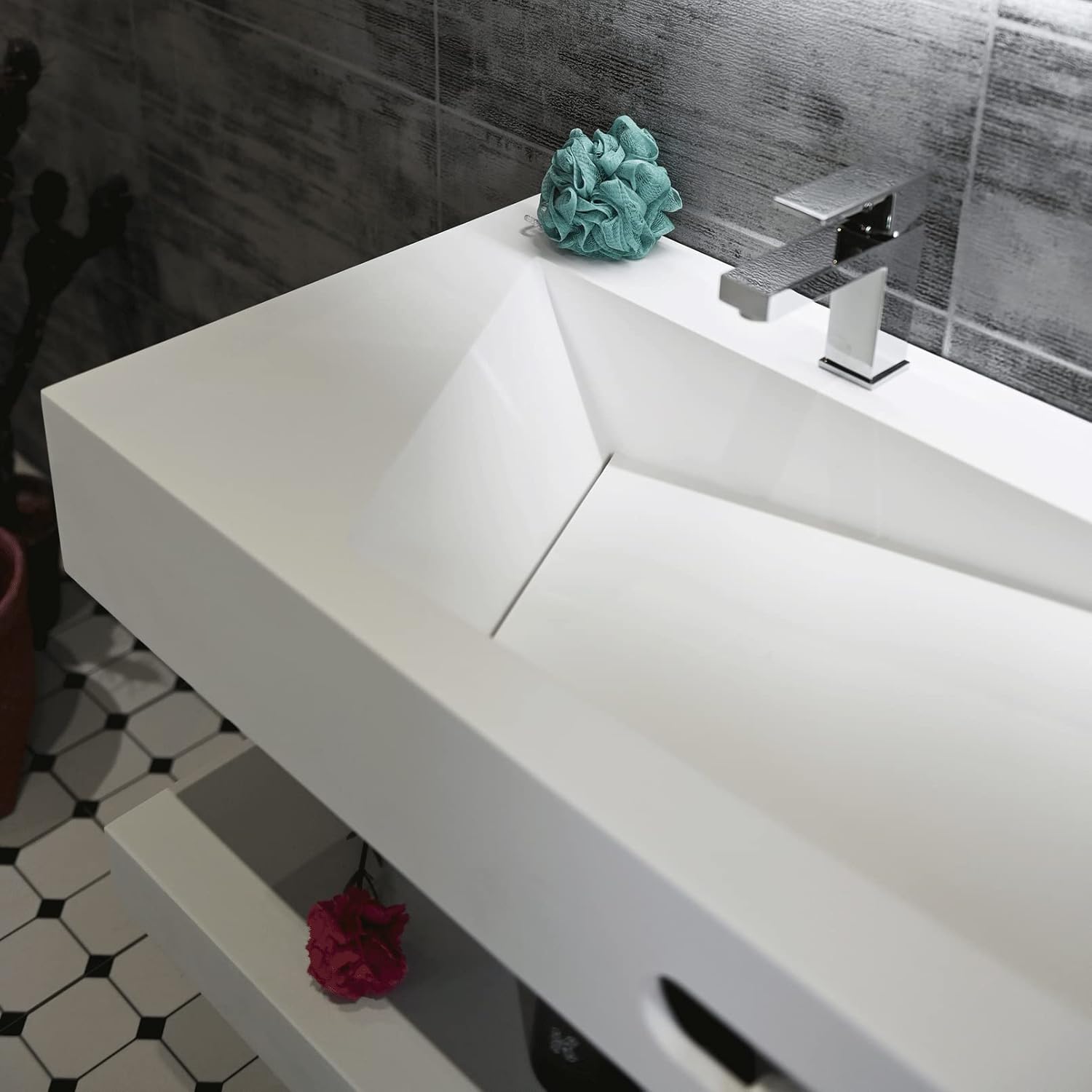 32"x19" Wall Mount Bathroom Vanity with Sink Stone Resin Floating Vanity Sink Rectangular Vessel Sinks for Bathroom White Trough Art Basin with Shelf Layer