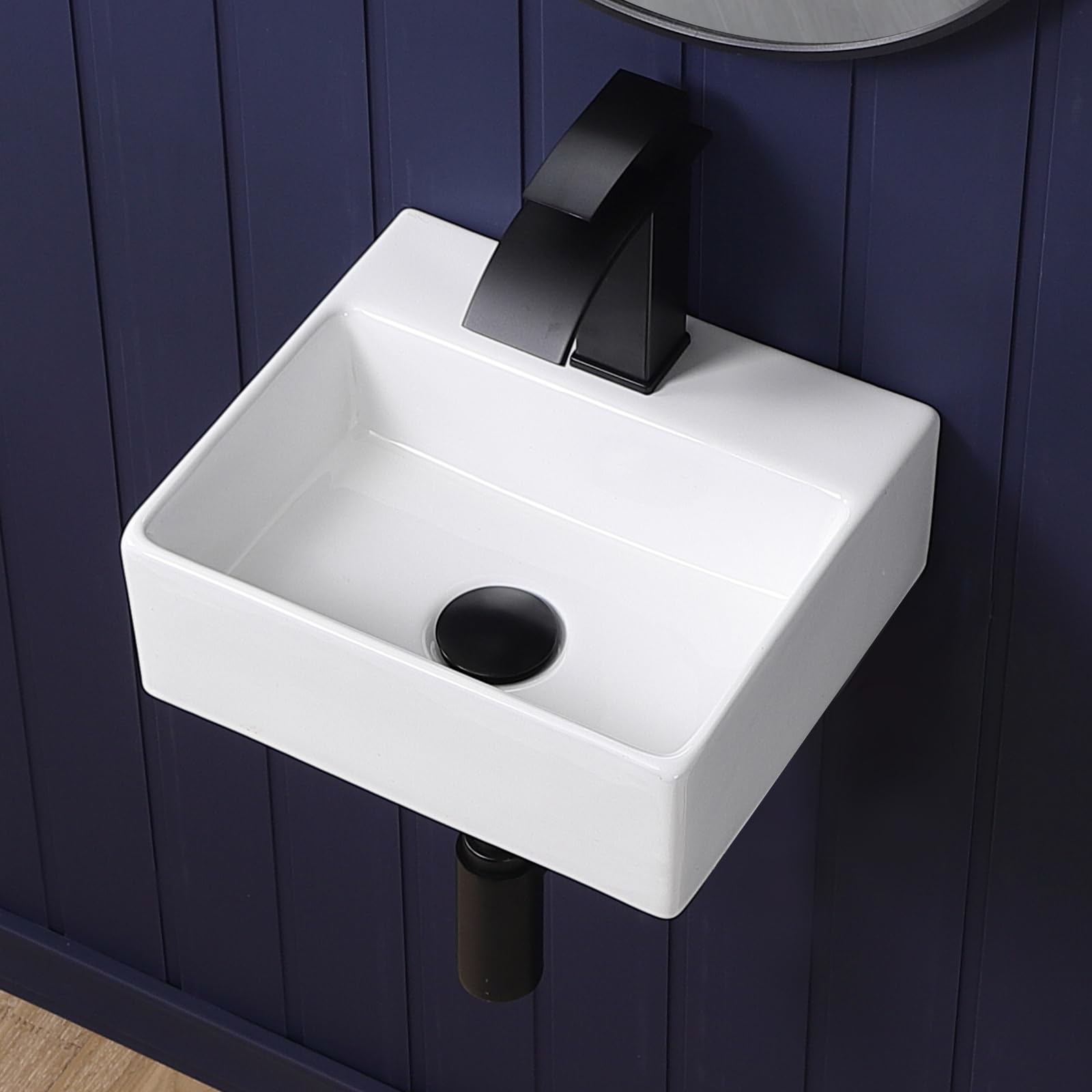 Wall Mount Bathroom Vessel Sink 17"x11" Rectangular Floating White Porcelain Ceramic Wall Hung Vanity Basin Sink for Home,RV,Bathroom