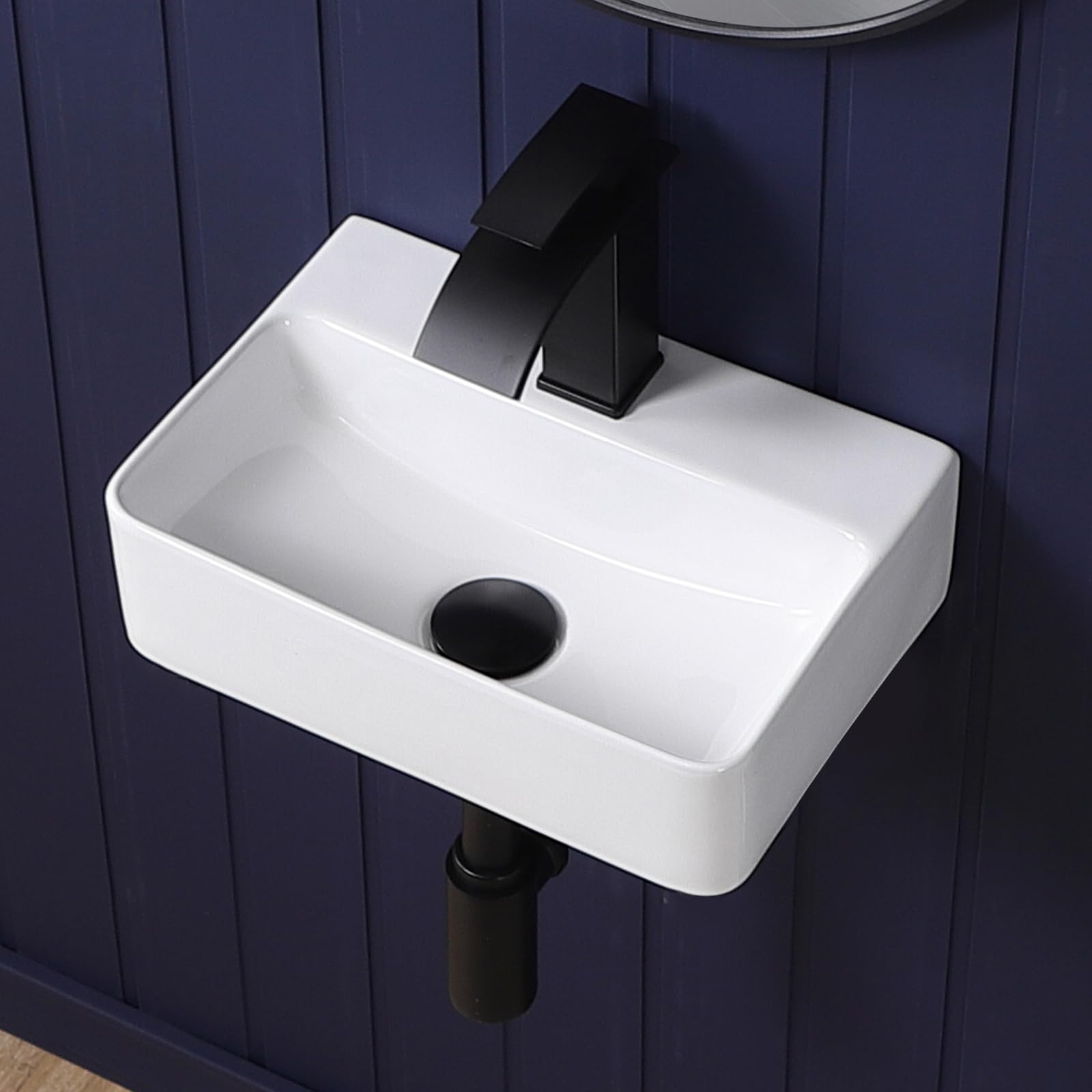 Wall Mount Bathroom Vessel Sink 17"x11" Rectangular Floating White Porcelain Ceramic Wall Hung Vanity Basin Sink for Home,RV,Bathroom