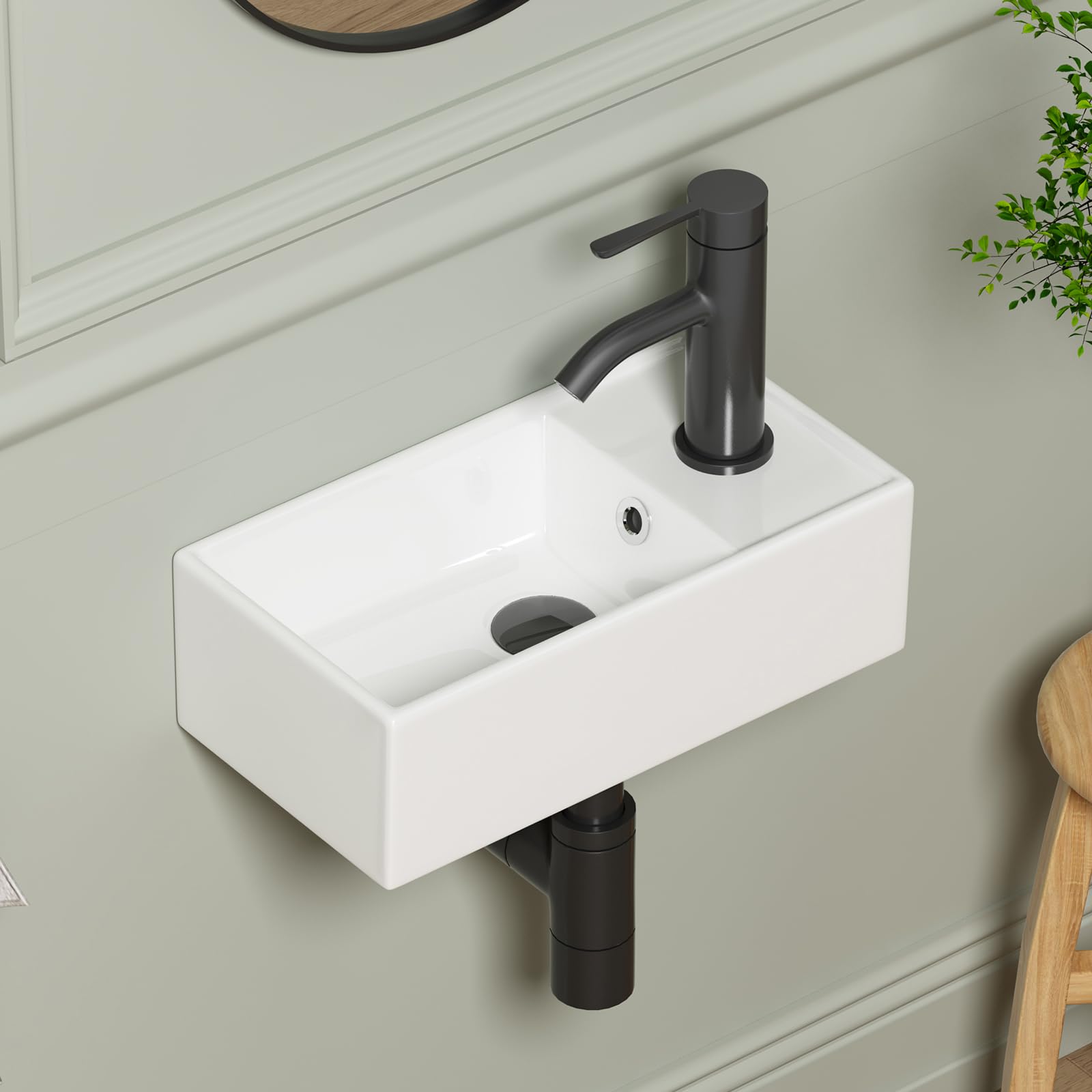 Wall Mounted Bathroom Vessel Sink, QISHKA 15" X 12" Rectangular Floating Ceramic Wash Hand Basin White Wall Hung Vanity Sink for Bathroom and Cloakroom