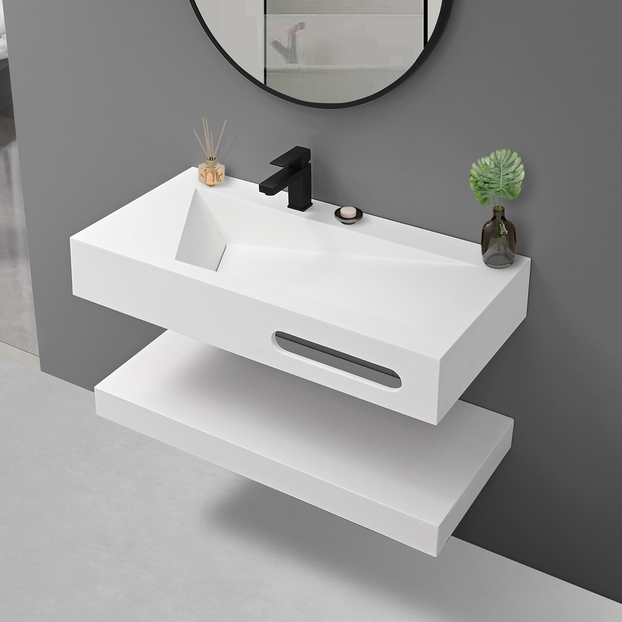 QJ&XY Resin Bathroom Sink 48" Wall Mounted V-Shaped White Basin with Towel Rack, Floating Vanity Sink in Soft-Touch Finish (Double Tier)