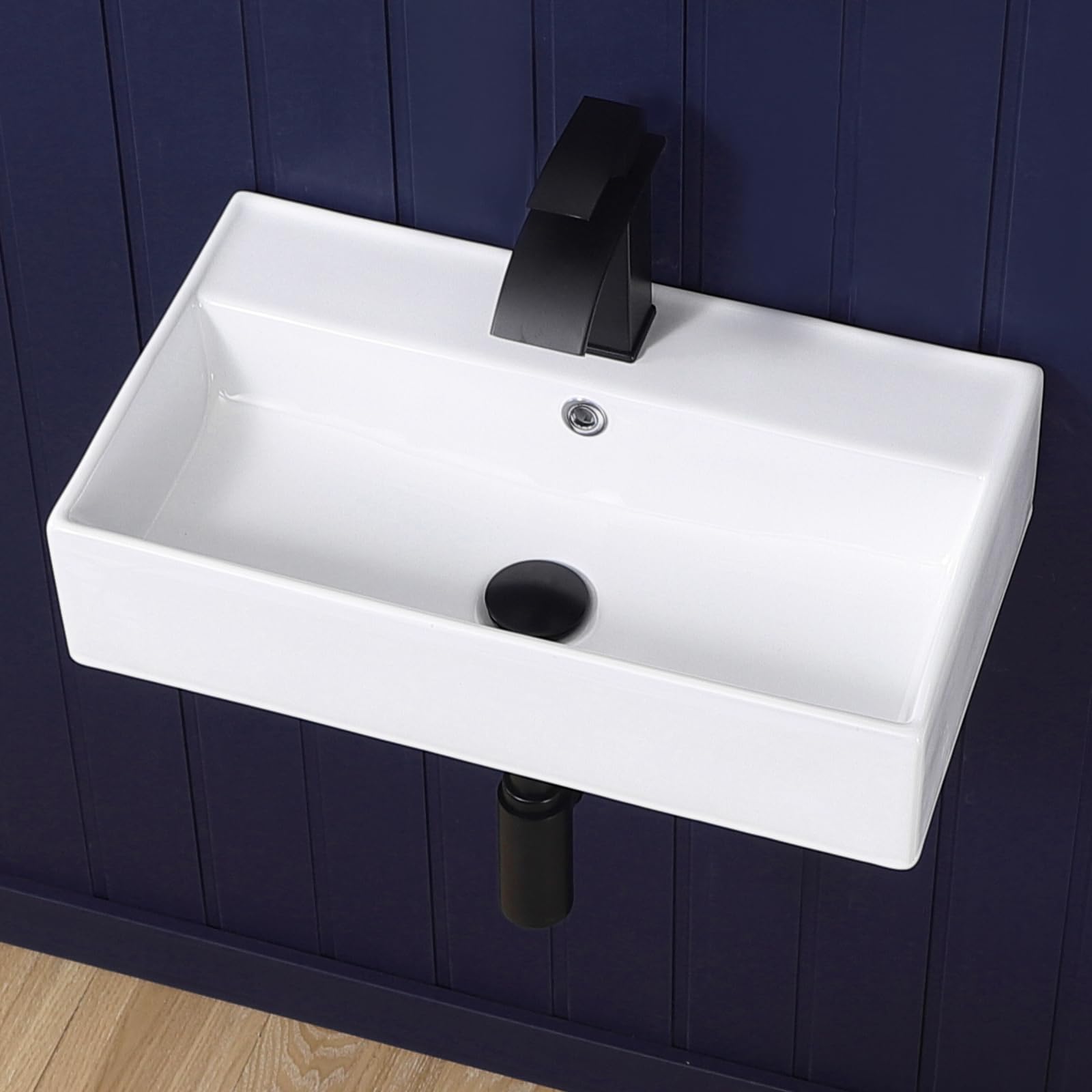 Wall Mount Bathroom Vessel Sink 17"x11" Rectangular Floating White Porcelain Ceramic Wall Hung Vanity Basin Sink for Home,RV,Bathroom