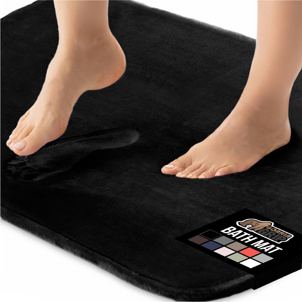 GORILLA GRIP® Memory Foam Bath Mat, Soft Absorbent Velvet Bathroom Mats, Durable Dots on Underside, Machine Washable Bathmat, Carpet Rug Room Decor for Shower Tub Floor RV, 24x17 Rugs, Black
