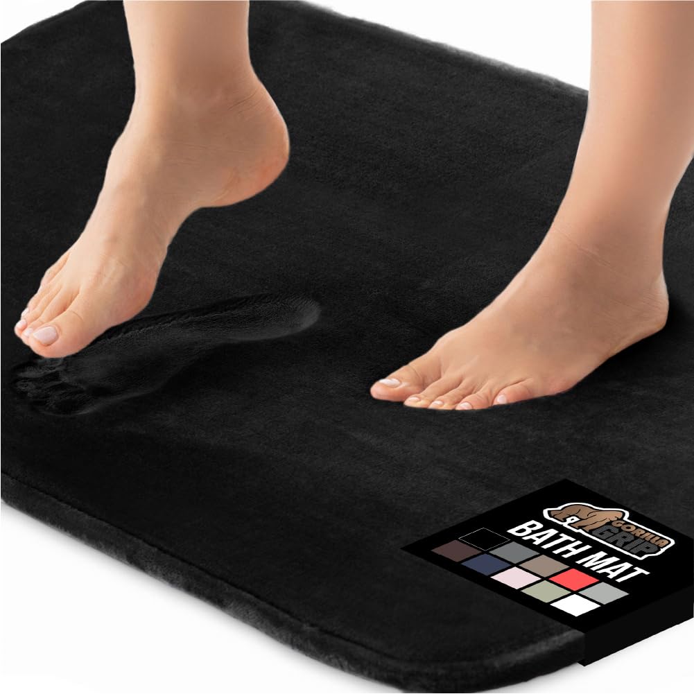 GORILLA GRIP® Memory Foam Bath Mat, Soft Absorbent Velvet Bathroom Mats, Durable Dots on Underside, Machine Washable Bathmat, Carpet Rug Room Decor for Shower Tub Floor RV, 24x17 Rugs, Black