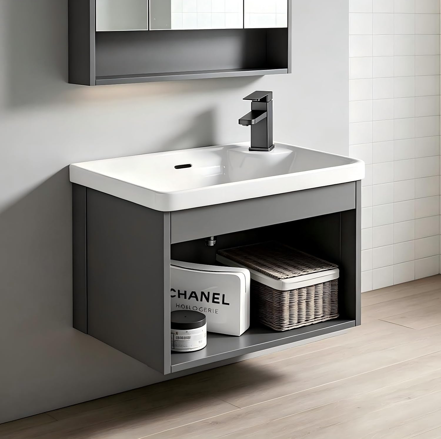 Wall-Mounted Floating Gray 18-inch Open Bathroom Vanity with Ceramic Basin Compact mini Sink Unit