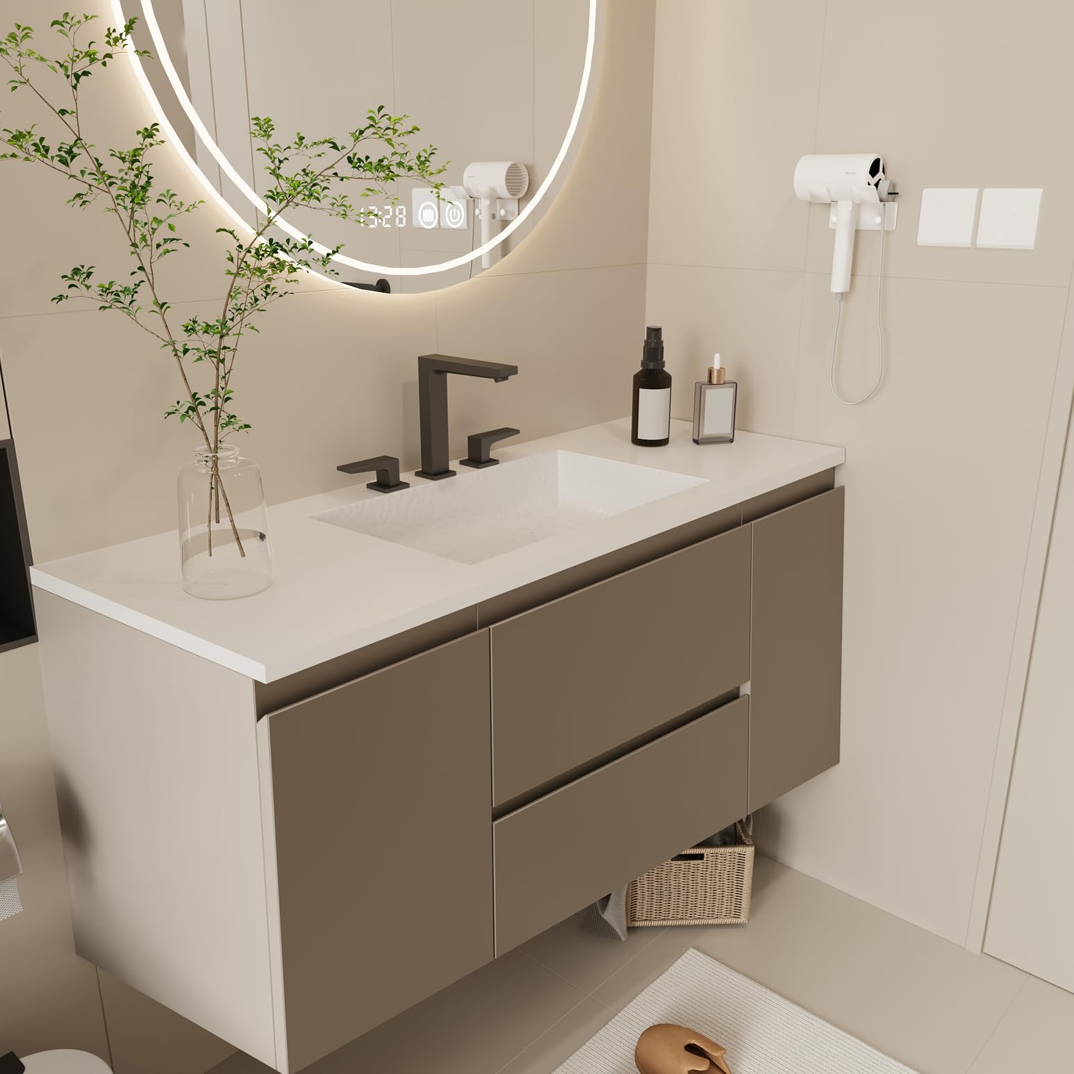 Wall-Mounted Bathroom Vanity 36" – Modern Floating Vanity with Soft-Close Drawers, Plywood Construction, Laminate Finish, Space-Saving Design (Cosmo Sand)