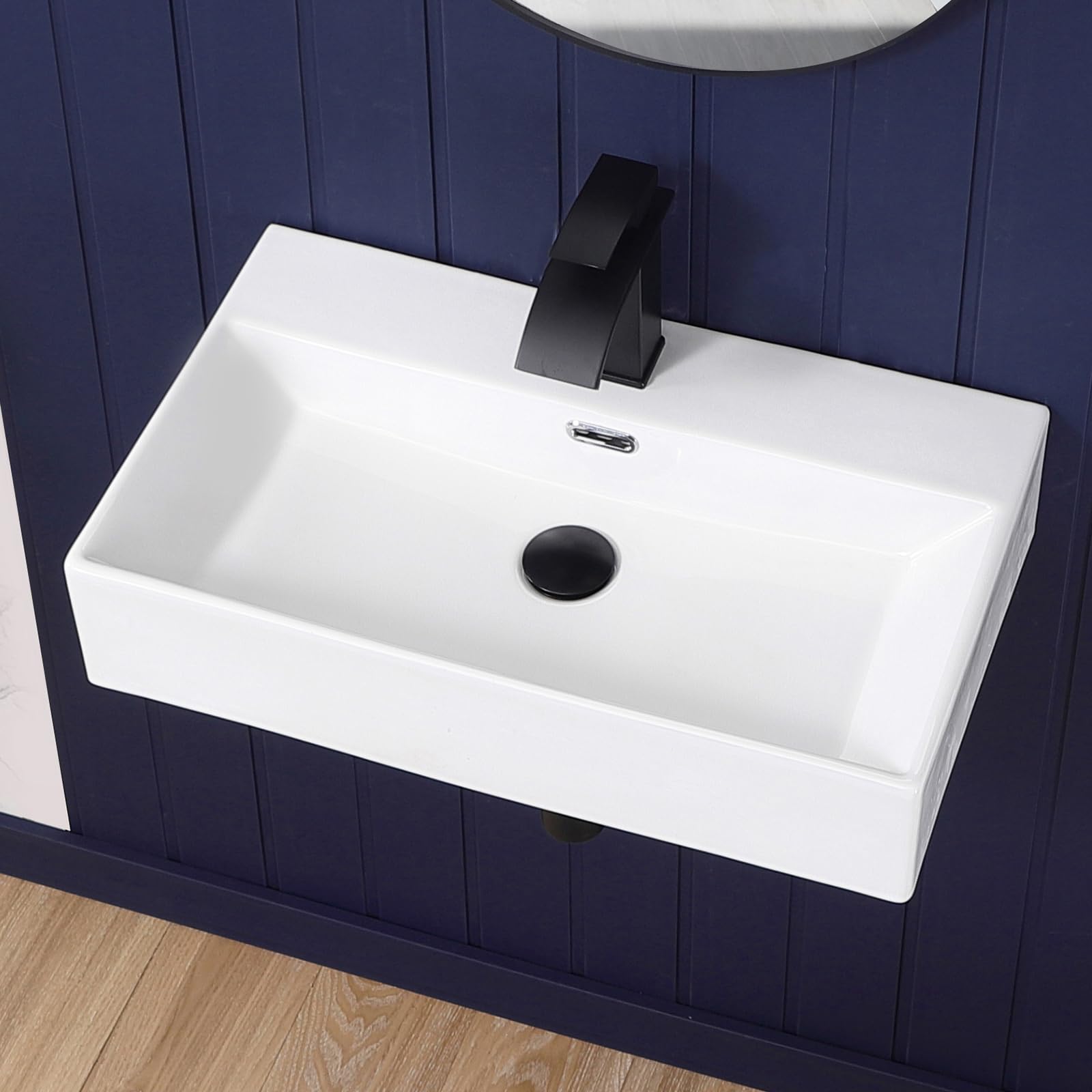 Wall Mount Bathroom Vessel Sink 17"x11" Rectangular Floating White Porcelain Ceramic Wall Hung Vanity Basin Sink for Home,RV,Bathroom