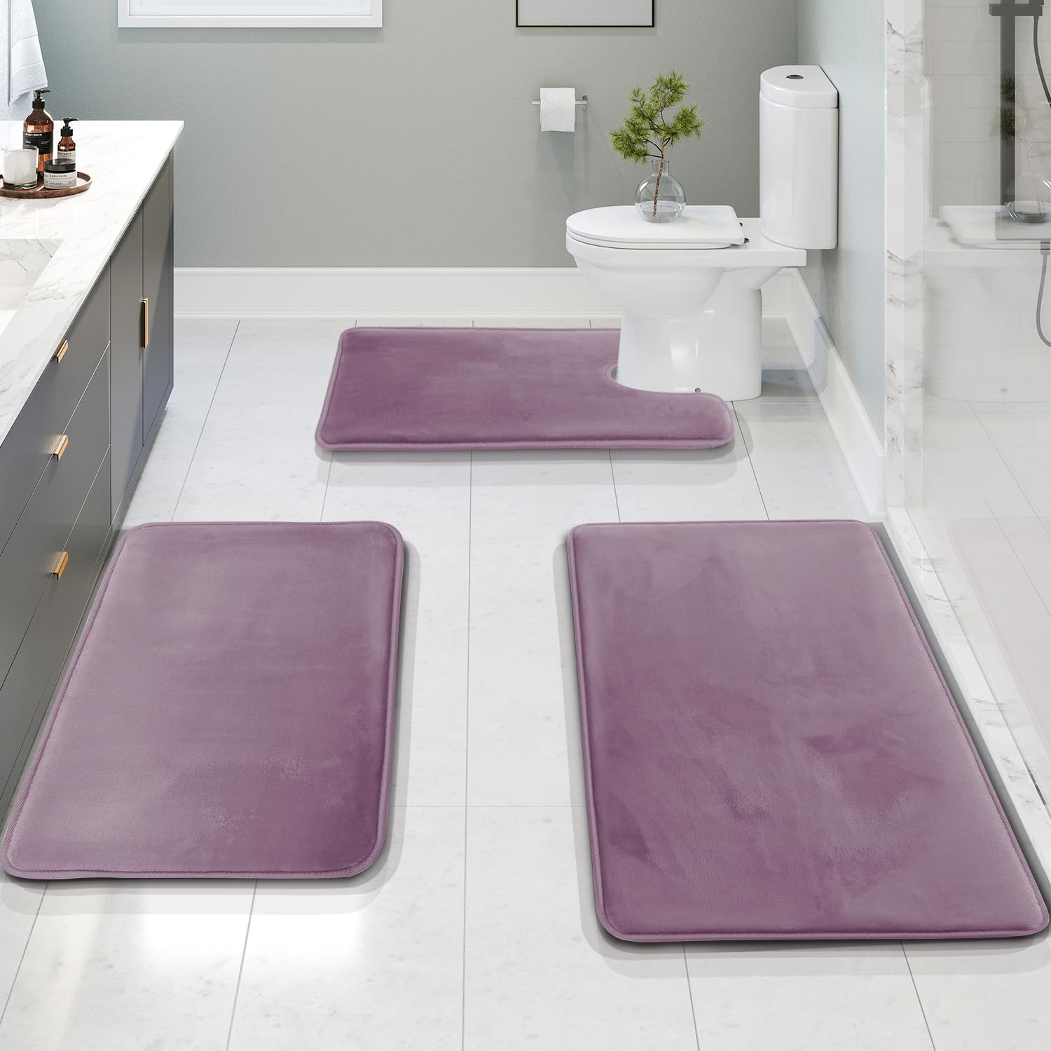 Clara Clark 3 Piece Bathroom Rugs Bath Mat Set, Velvet Memory Foam Bath Mats for Bathroom - Non-Slip, PVC Backing Bath Rugs, Washable - Dries Quickly, Black