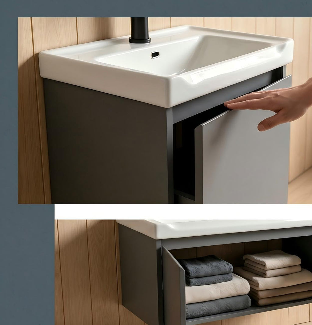 Modern-style 17in wall-mounted bathroom vanity with a ceramic sink and a compact floating vanity cabinet featuring soft-close doors,a storage solution designed specifically for small bathrooms (Gray)