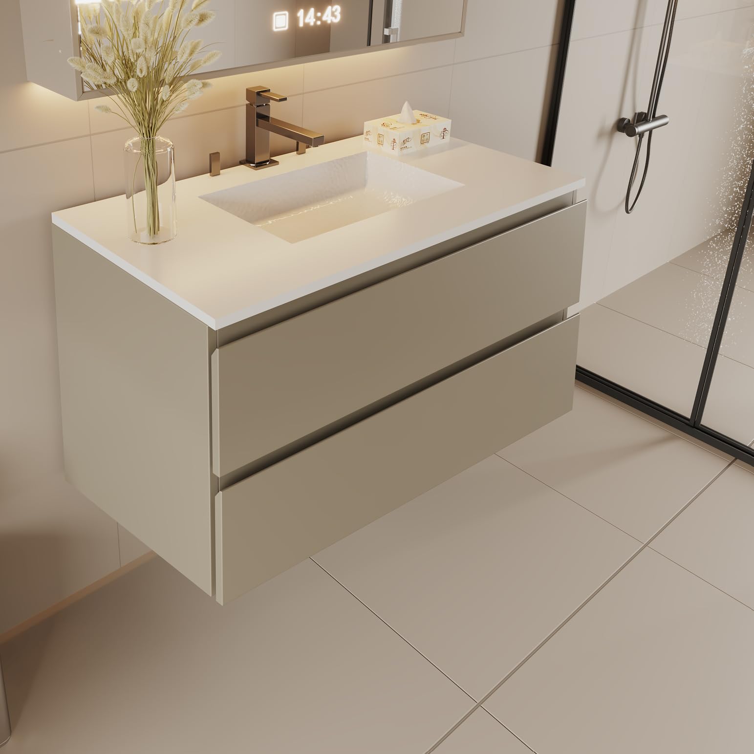 Wall-Mounted Bathroom Vanity 36" – Modern Floating Vanity with Soft-Close Drawers, Plywood Construction, Laminate Finish, Space-Saving Design (Cosmo Sand)