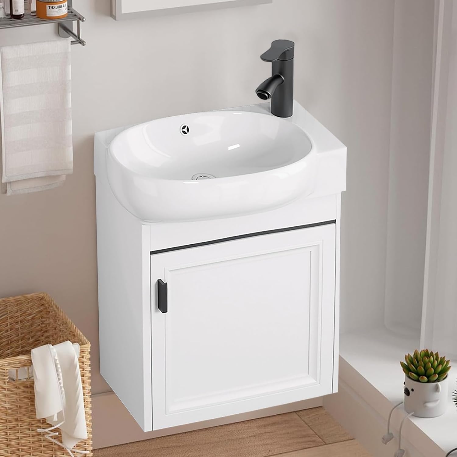Mini Ultra-Slim 16-inch Wall-Mounted Bathroom Vanity with Sink White Floating Bathroom Vanity with Storage Space Wall-Mounted Bathroom Furniture Ideal for Compact Spaces and Makeup Rooms (16in)